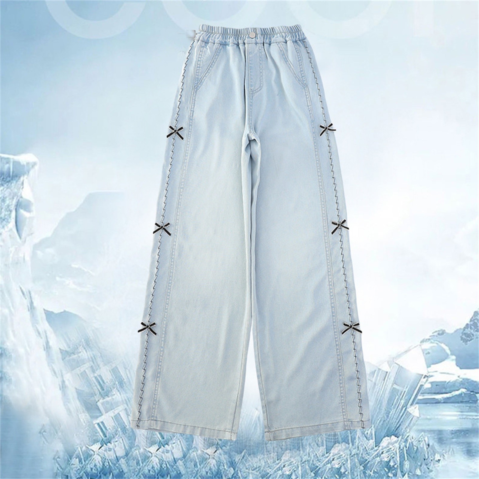 thumbnail video image 2 of JLMSPLWG Girls Flared Jeans Kids High Waist Denim Pants Blue Baggy Pants with Pockets Black Butterfly Embellished Elastic Teen Girl Cute Jeggings Girls Clothes, 2 of 9