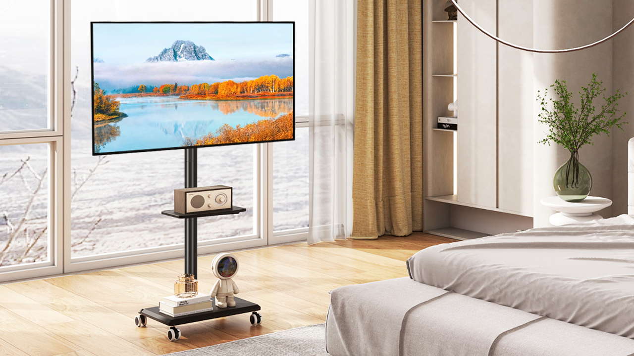 thumbnail video image 2 of RTVR Rolling TV Stand with Swivel Mount for 32-60 inch Screens, Corner Mobile TV Cart Stand with Adjustable Shelf, 2 of 9
