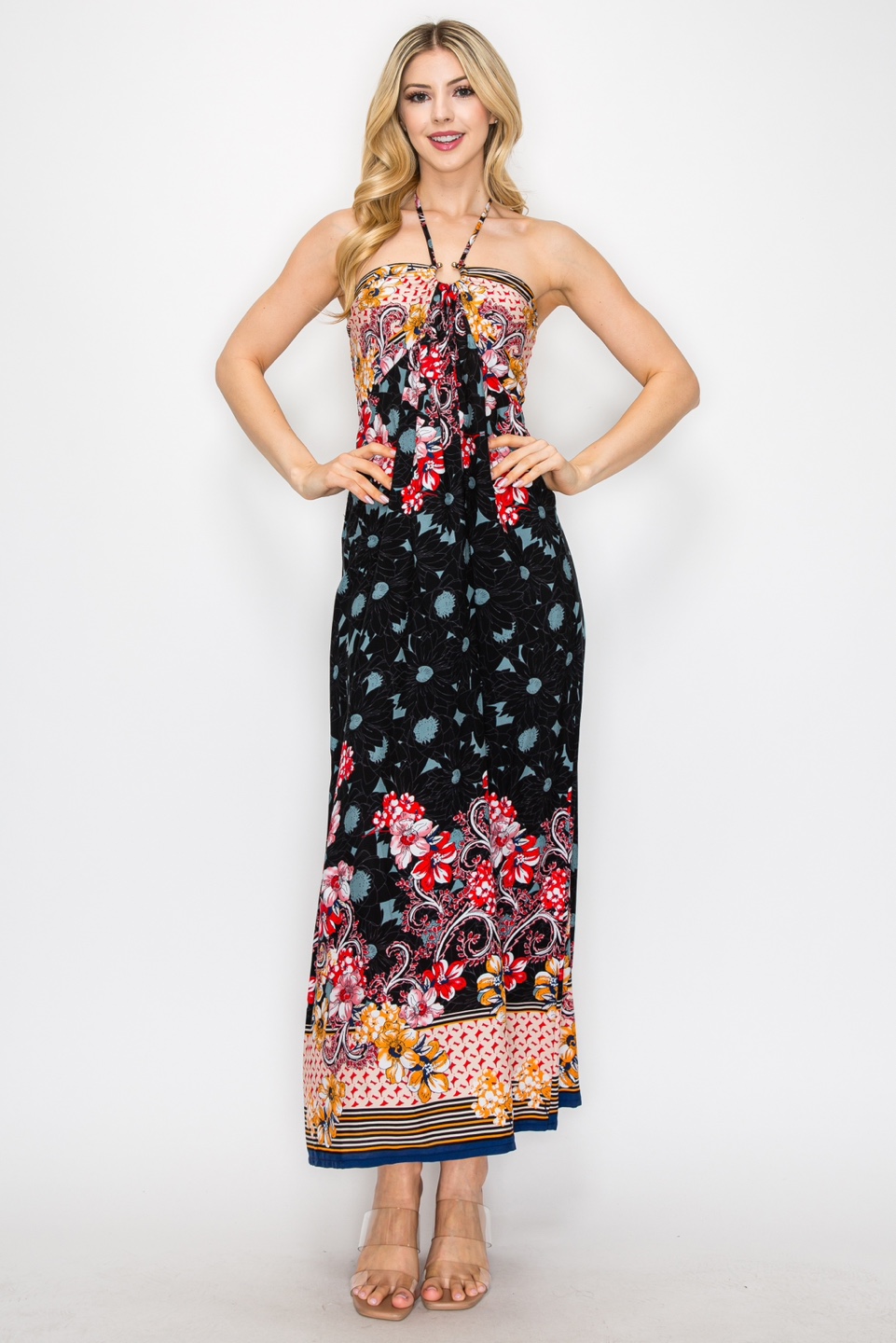 thumbnail video image 2 of Women's Floral Border Print Halter Neck Long Dress Sleeveless Lightweight Flowy Fit, 2 of 5