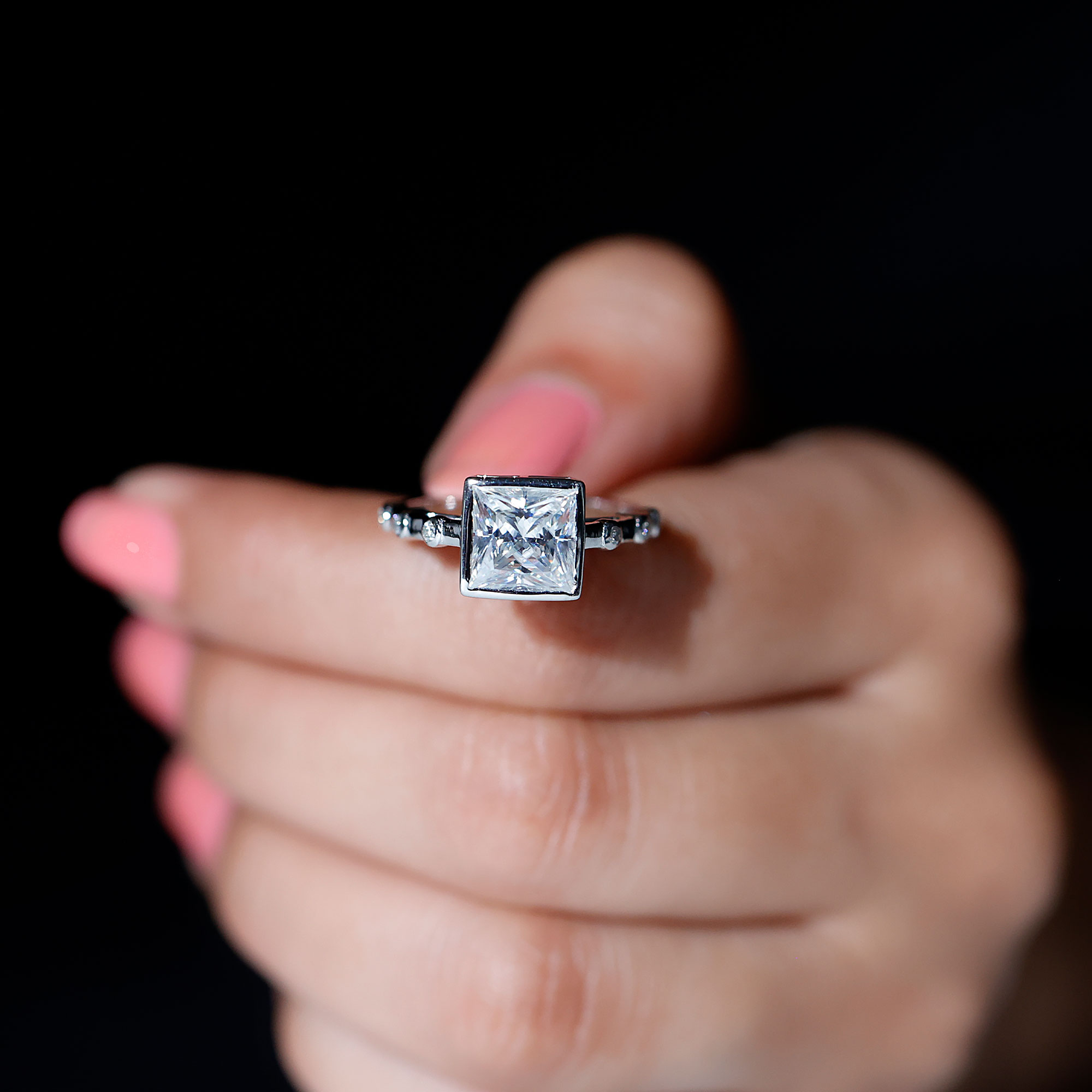 thumbnail video image 2 of Rosec Jewels Moissanite Princess Cut Engagement Ring 3 Carat - D-VS1 Quality Certified - 8 mm Moissanite Solitaire Ring, 14K White Gold, US 11.50, 2 of 9