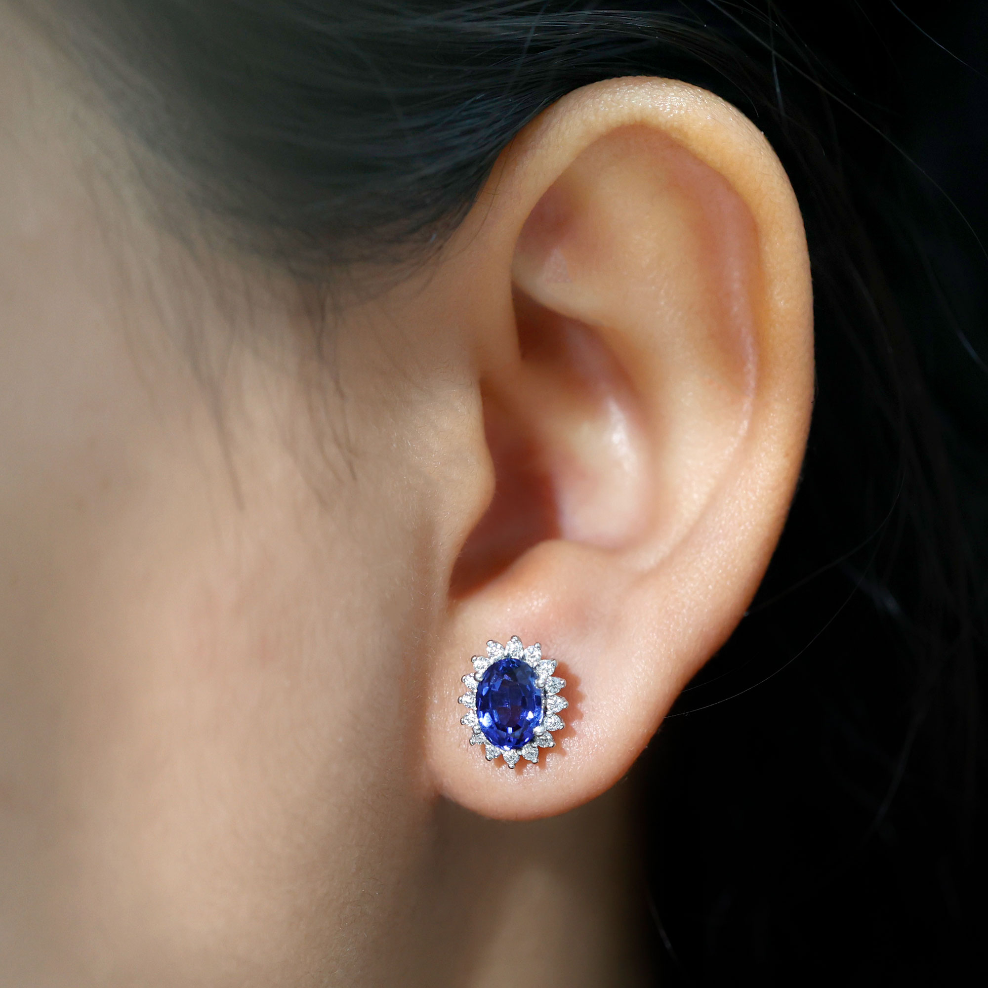 thumbnail video image 2 of Rosec Jewels Lab Grown Blue Sapphire Stud Earrings for Women with Moissanite Halo (AAAA Grade), 10K Yellow Gold, 2 of 6