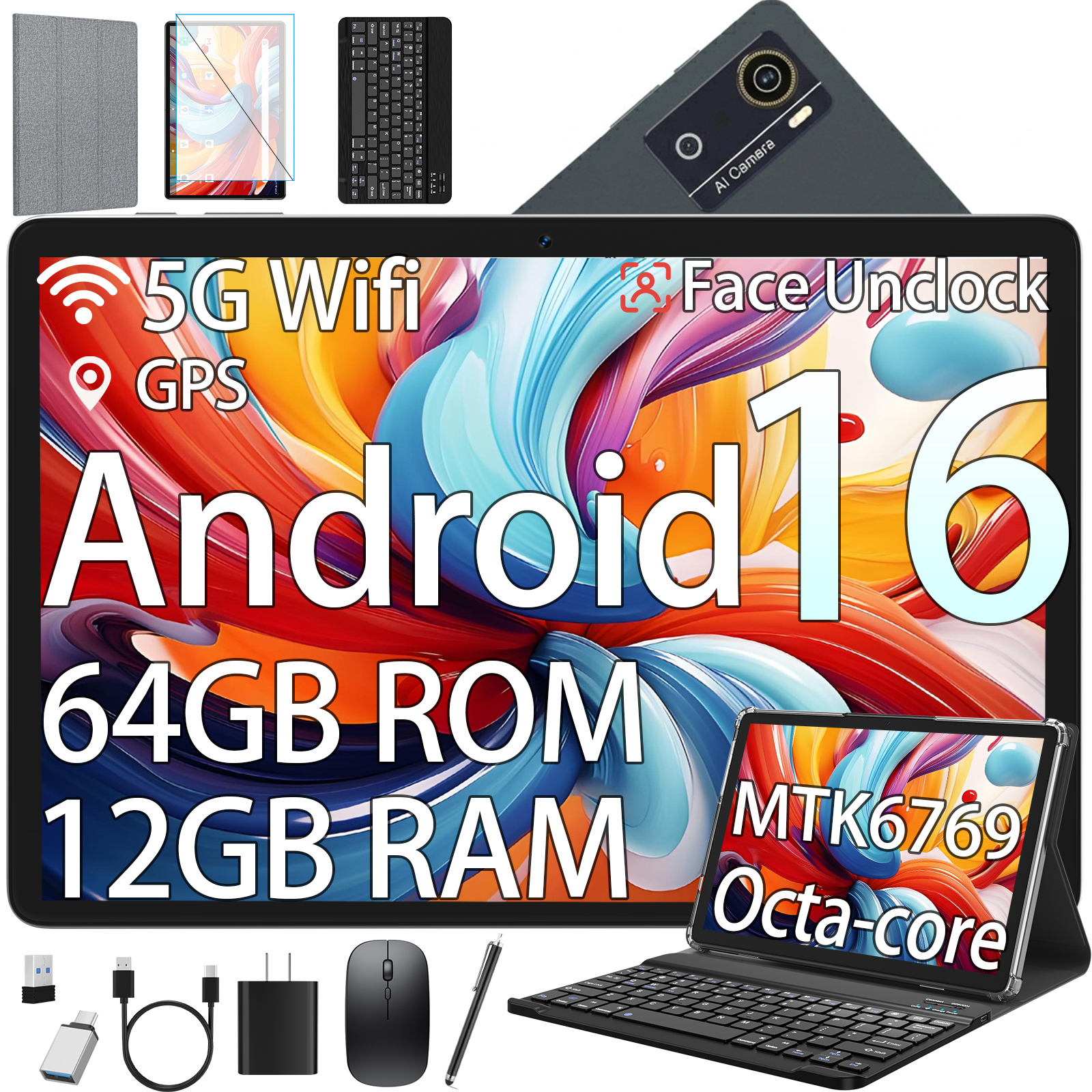 Android 16 Tablet,10 Inch Tablet,12GB RAM 64GB ROM,MTK6769 Octa