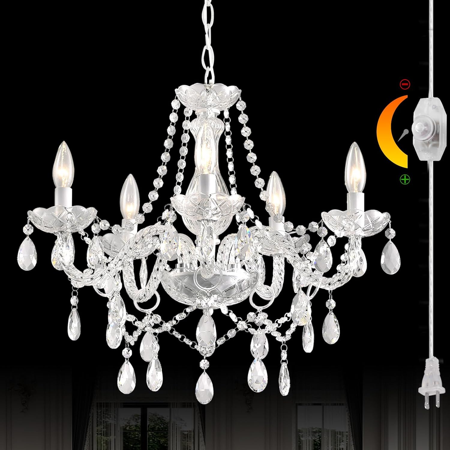 thumbnail video image 2 of Plug in Chandelier Dimmable,5 Lights K9 Crystal Glass Pendant Light Fixture, Modern White Candle Hanging Chandelier for Bedroom Living Dining Room Kitchen Island, 2 of 11