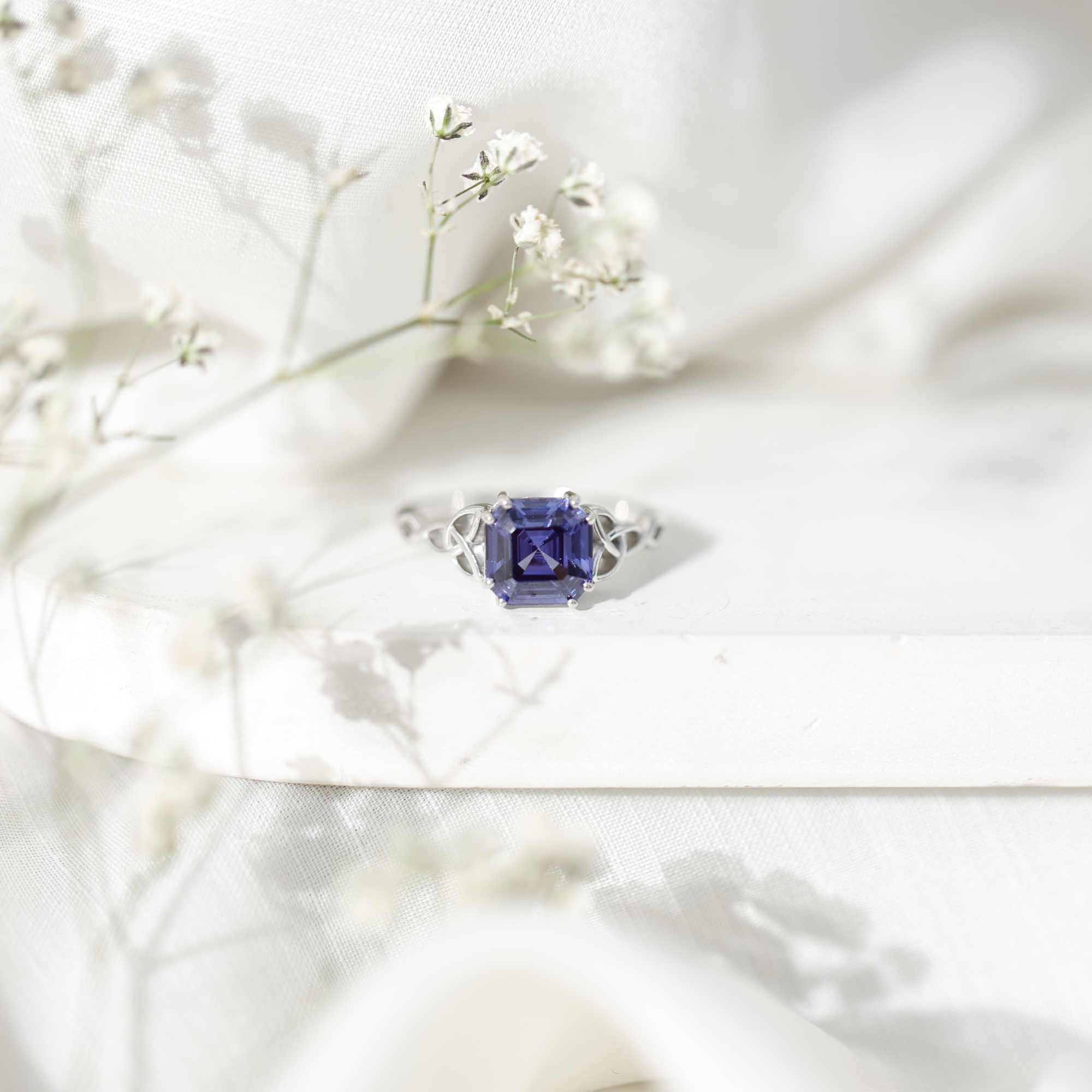 thumbnail video image 2 of Rosec Jewels Asscher Cut Lab Grown Blue Sapphire Solitaire Ring, Celtic Knot Ring - 8 mm, 14K White Gold, US 11.00, 2 of 9