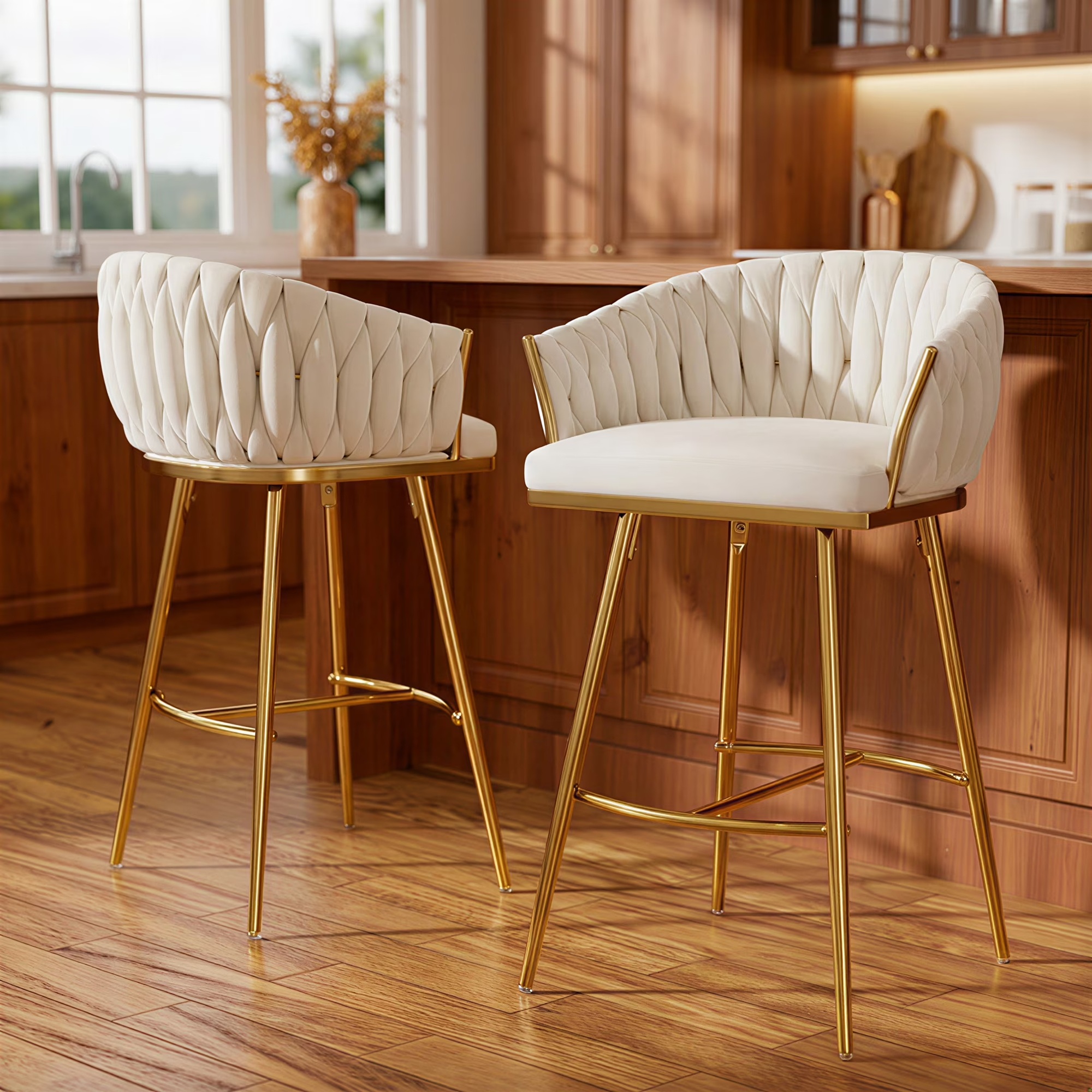 thumbnail video image 2 of Peispie 26" Counter Height Bar Stools Set of 4, Modern Velvet Barstools with Mid Back and Gold Metal Legs, Padded Kitchen Island Chairs with Hand-Wave Design for Home Bar, Grey, 2 of 7