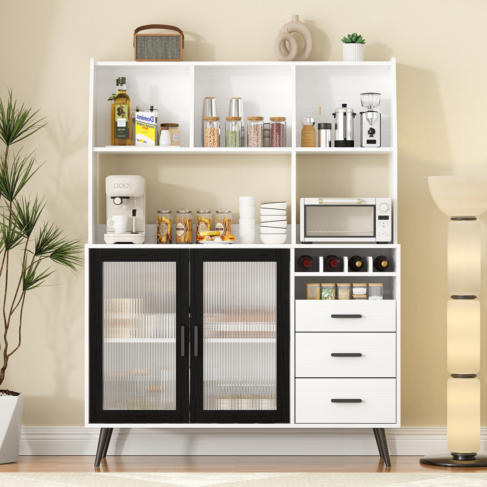 thumbnail video image 2 of RichYa 63"H Kitchen Hutch Cabinet with Glass Door,Pantry Storage Cabinet with Wine Rack,Modern Sideboard Buffet Cabinet for Living Room,Dining Room,Black, 2 of 9