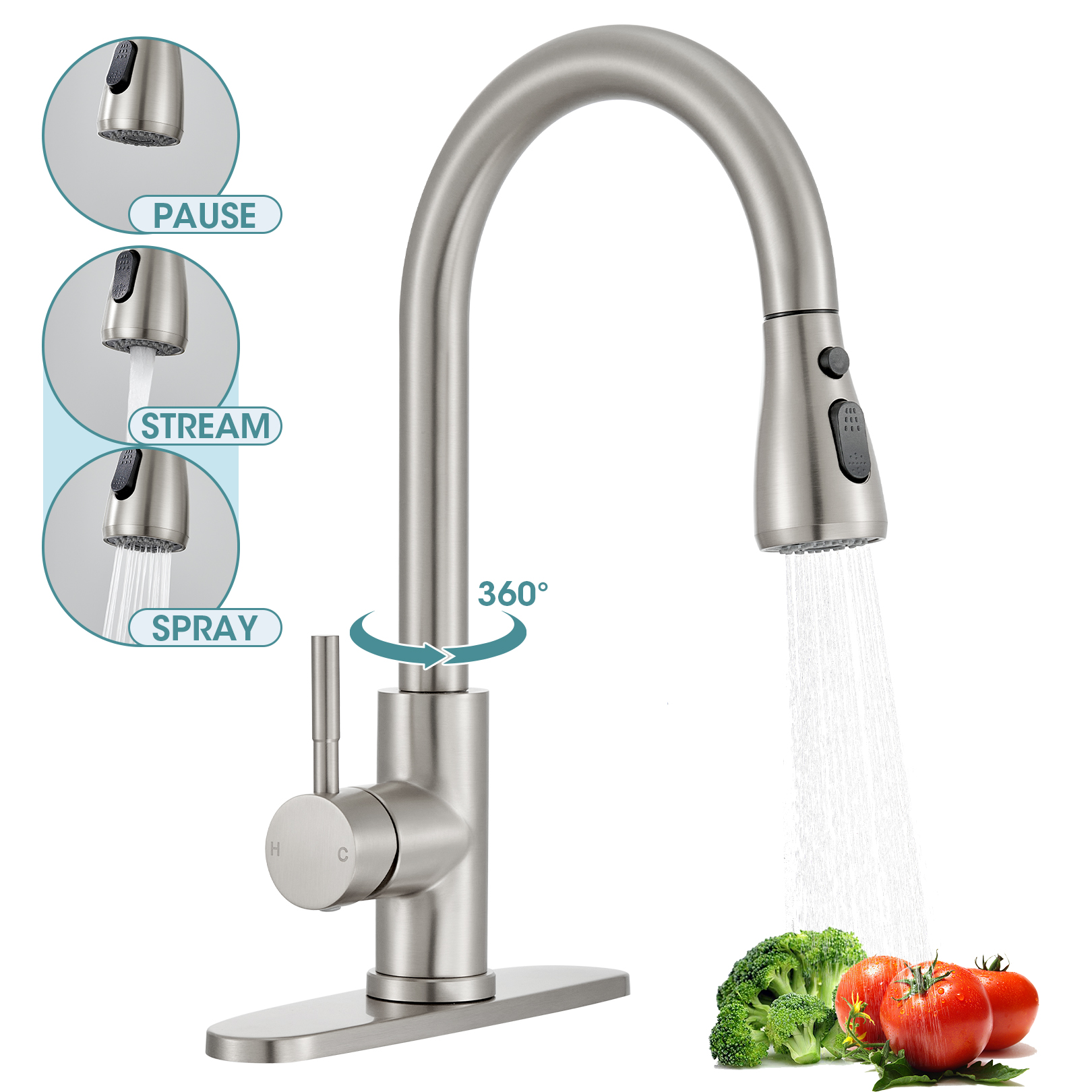 thumbnail video image 2 of Wowkk Sanitary Ware Kitchen Sink Faucet with Pull Down Sprayer, Single Handle SUS304 Stainless Steel Kitchen Faucets with Deck Plate to Cover 1 or 3 Holes for Bar, Laundry, Matte Black, 2 of 11