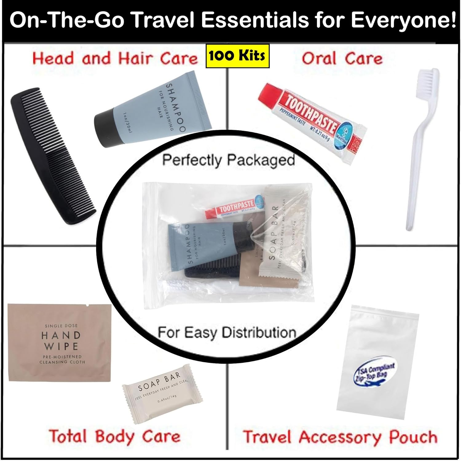 thumbnail video image 2 of 100 pack Trail maker 7 Piece Travel Size Homeless Care Hygiene Toiletry Kits Containing Shampoo, Bar Soap & More, 2 of 7