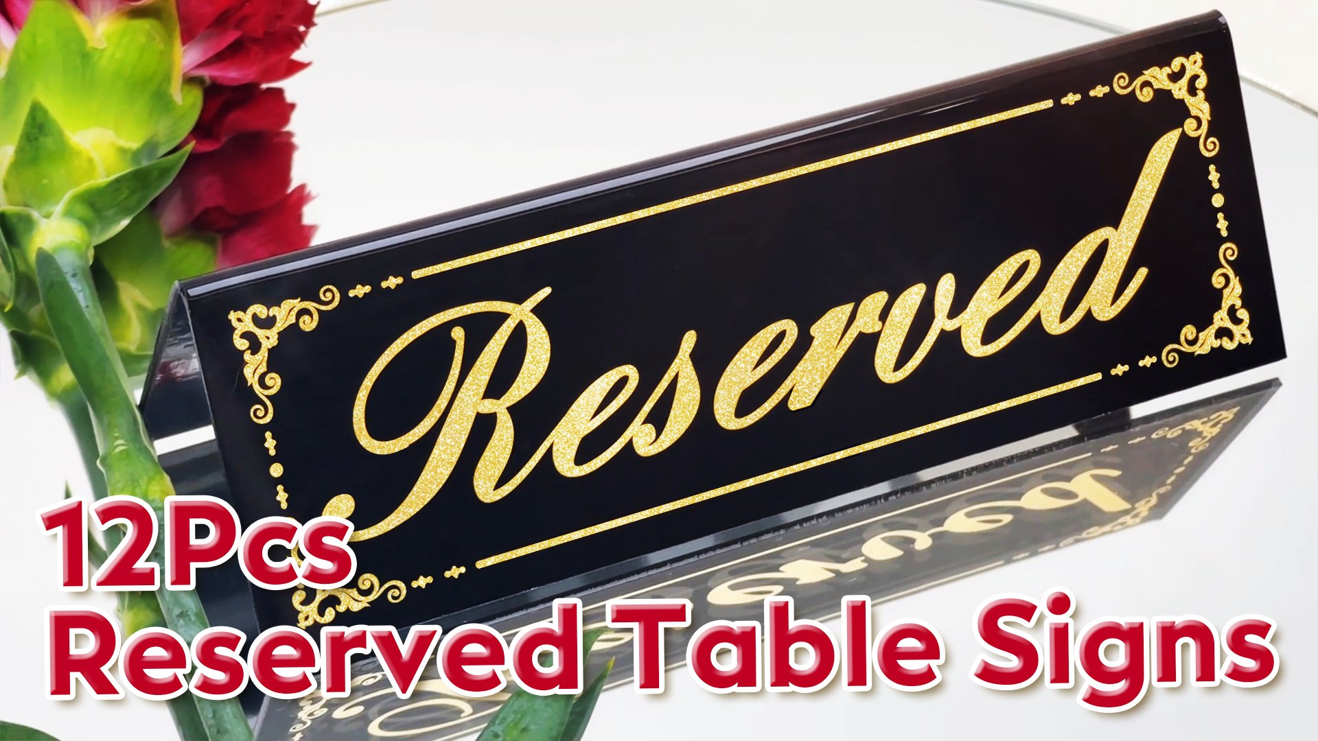 thumbnail video image 2 of Framokoko 12 Pcs Mirrored Reserved Table Signs, Double Sided Table Tent Signs with Suede Cloth, Reservation Seat Indicators for Wedding Restaurant Ceremony Party Banquet  (Black 6"x2"), 2 of 7
