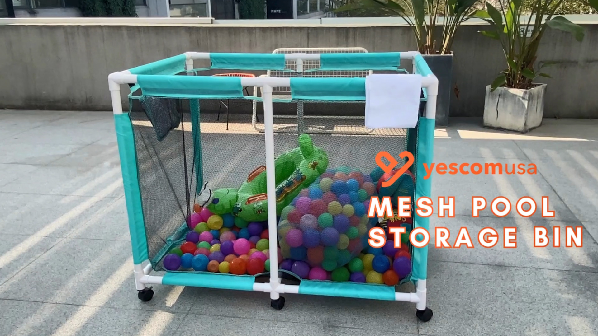 thumbnail video image 2 of Yescom Extra Large Mesh Pool Storage Bin, 214 Gallon Holder Toys, 6 Wheels Rolling Cart Lake Blue, 2 of 11