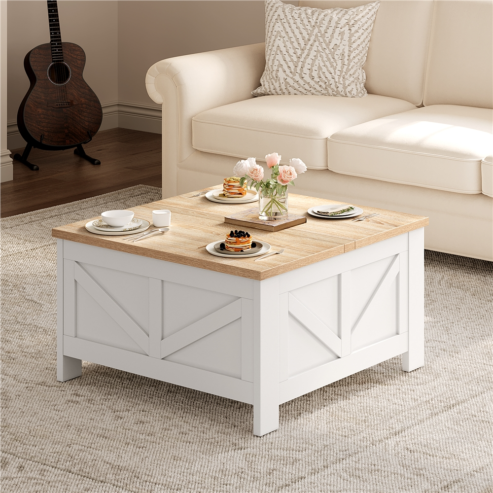 thumbnail video image 2 of Alden Design Farmhouse Square Lift Top Coffee Table with Hidden Compartments, White & Light Oak, 2 of 10