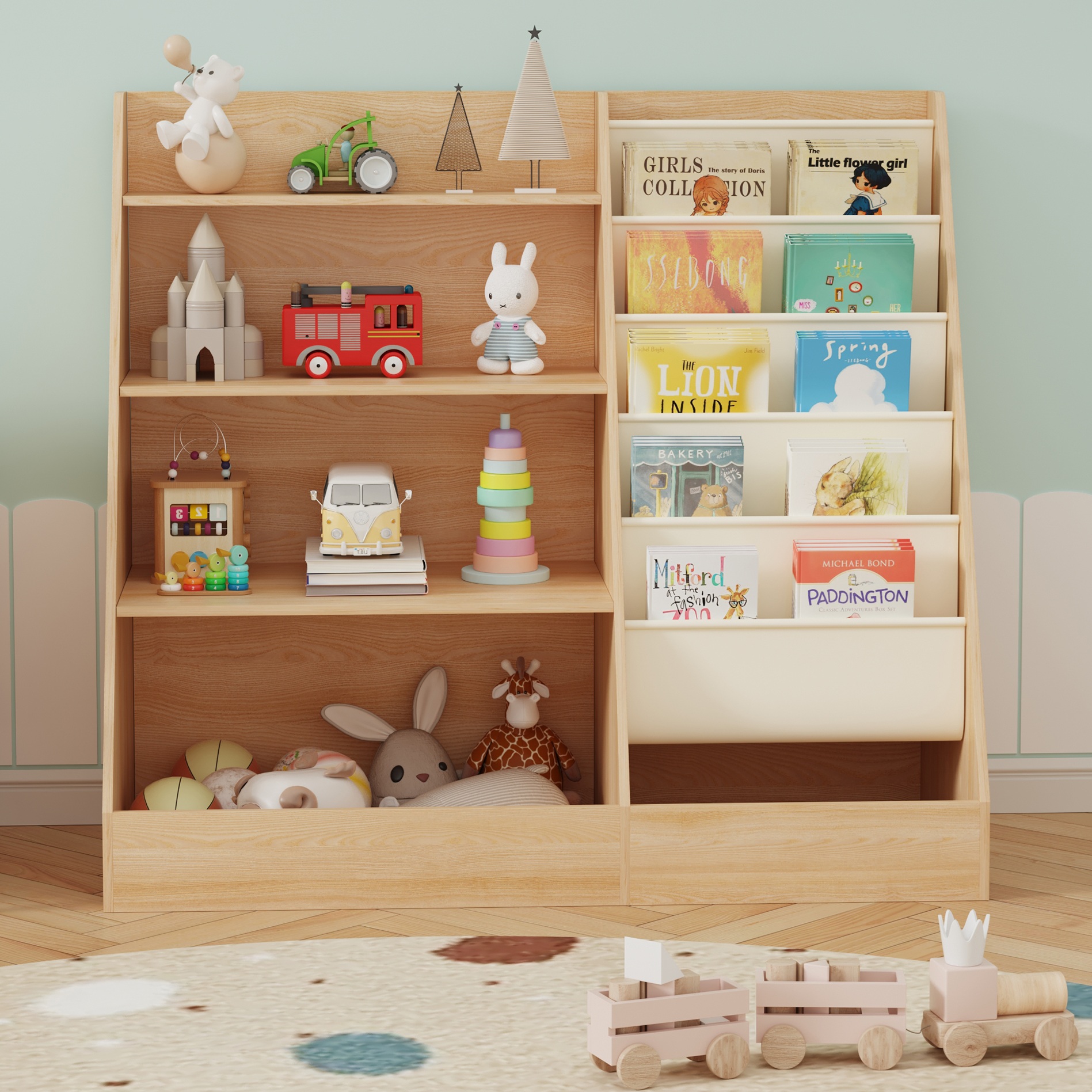 thumbnail video image 2 of SUGIFT 4 Tier Kids Bookshelf, Kids Toy Organizer with 5 compartments, Bookcase for Children's Room, Playroom, Brown, 2 of 9