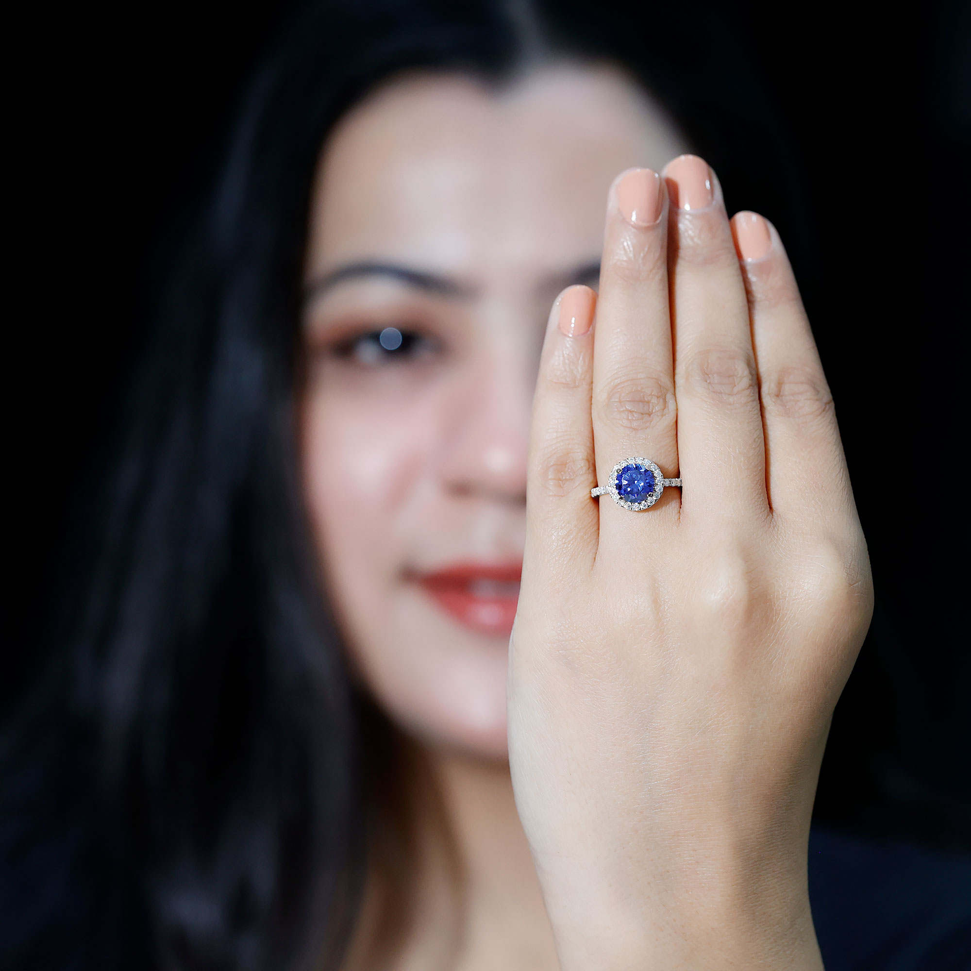 thumbnail video image 2 of Rosec Jewels Classic Lab Blue Sapphire Engagement Halo Ring with Moissanite (AAAA Quality), 14K Yellow Gold, US 5.50, 2 of 8