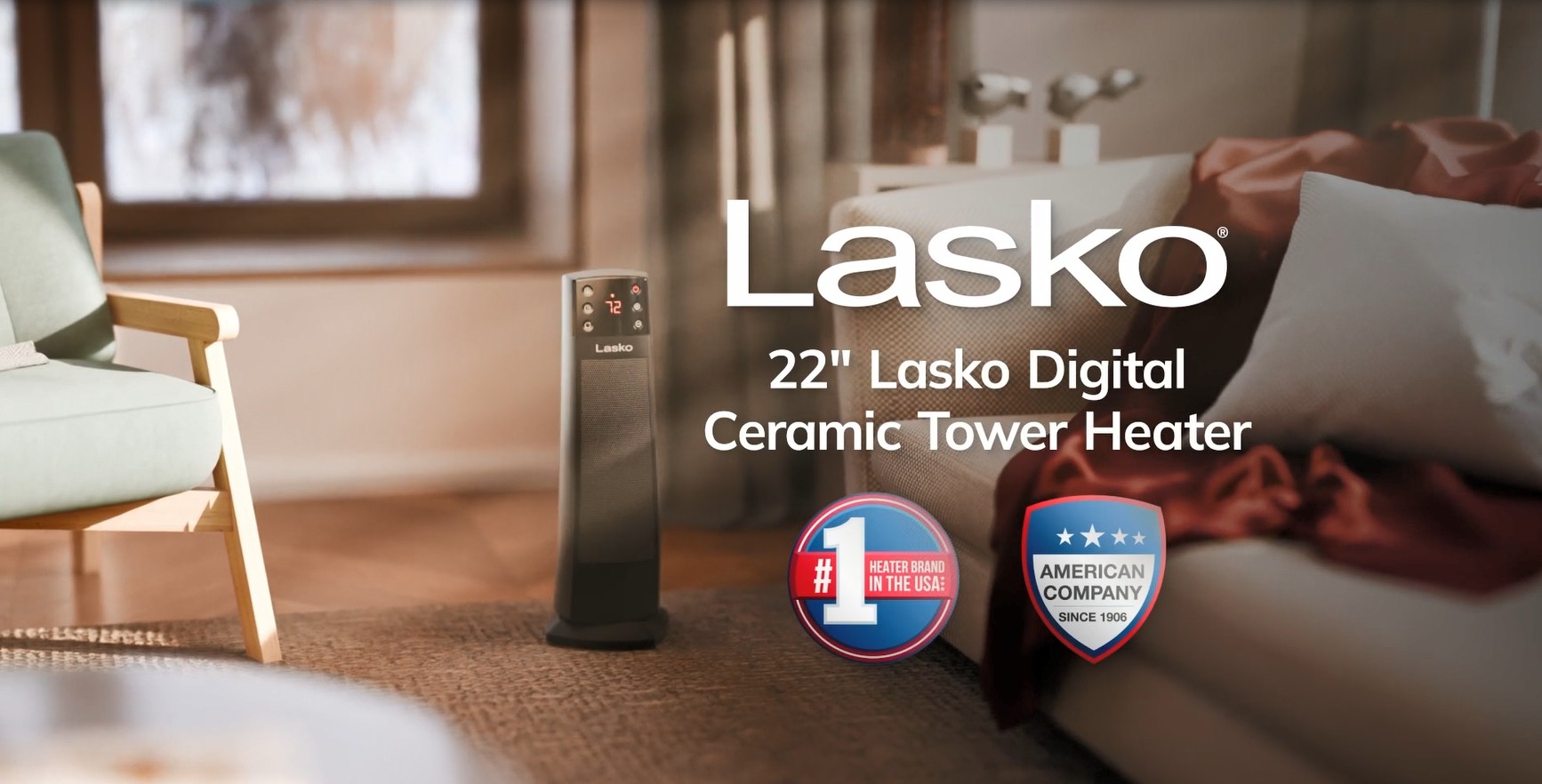Lasko 22” Oscillating 3-Speed Ceramic Tower Space Heater with Tip