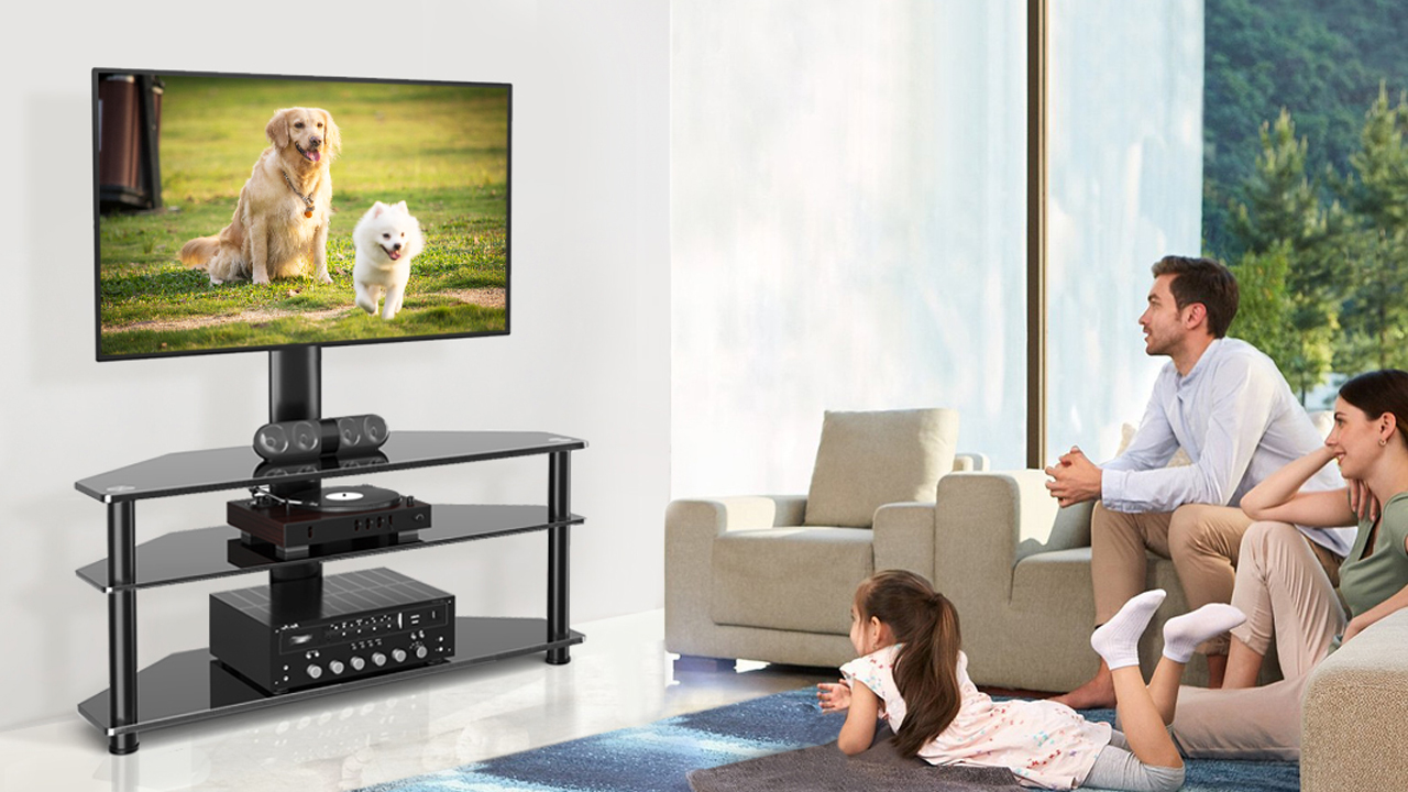 thumbnail video image 2 of RTVR Modern 3 in 1 TV Table Stand for up to 75 inch Flat Panel, TV Mount Stand with Shelves Entertainment Center, 2 of 11