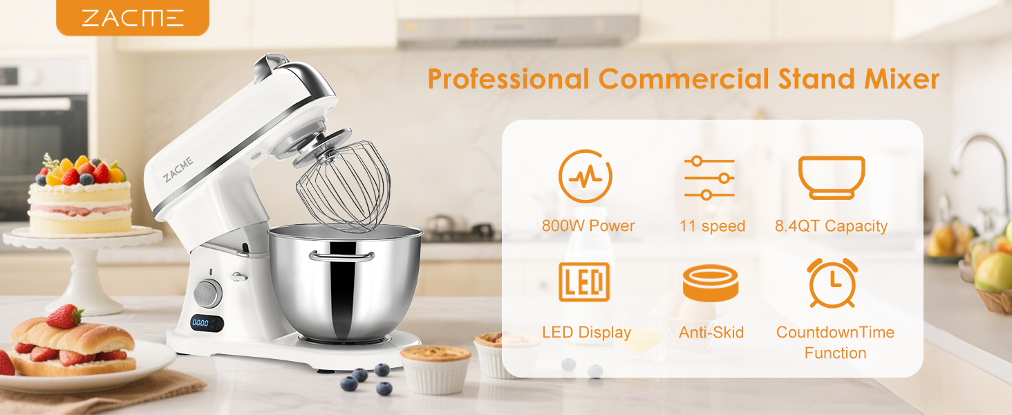 値下げ　STAND MIXER ZACME, Commercial Stand Mixer, 800W, 11 Speeds, 8.4QT White