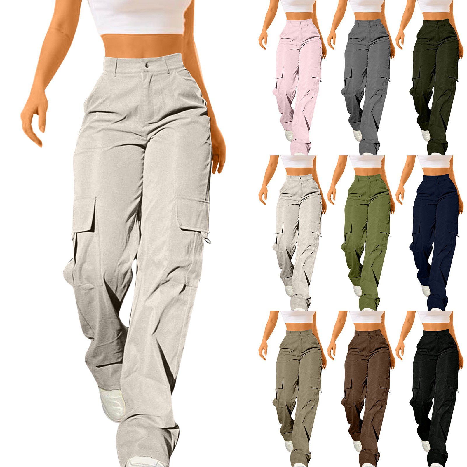 thumbnail video image 2 of Delayuji Womens Sweatpants Daily Elastic Waist Pockets Straight Solid Color Casual Pants Loose Pockets Cargo Long Trousers Fleece Lined Pants Women Green M, 2 of 9