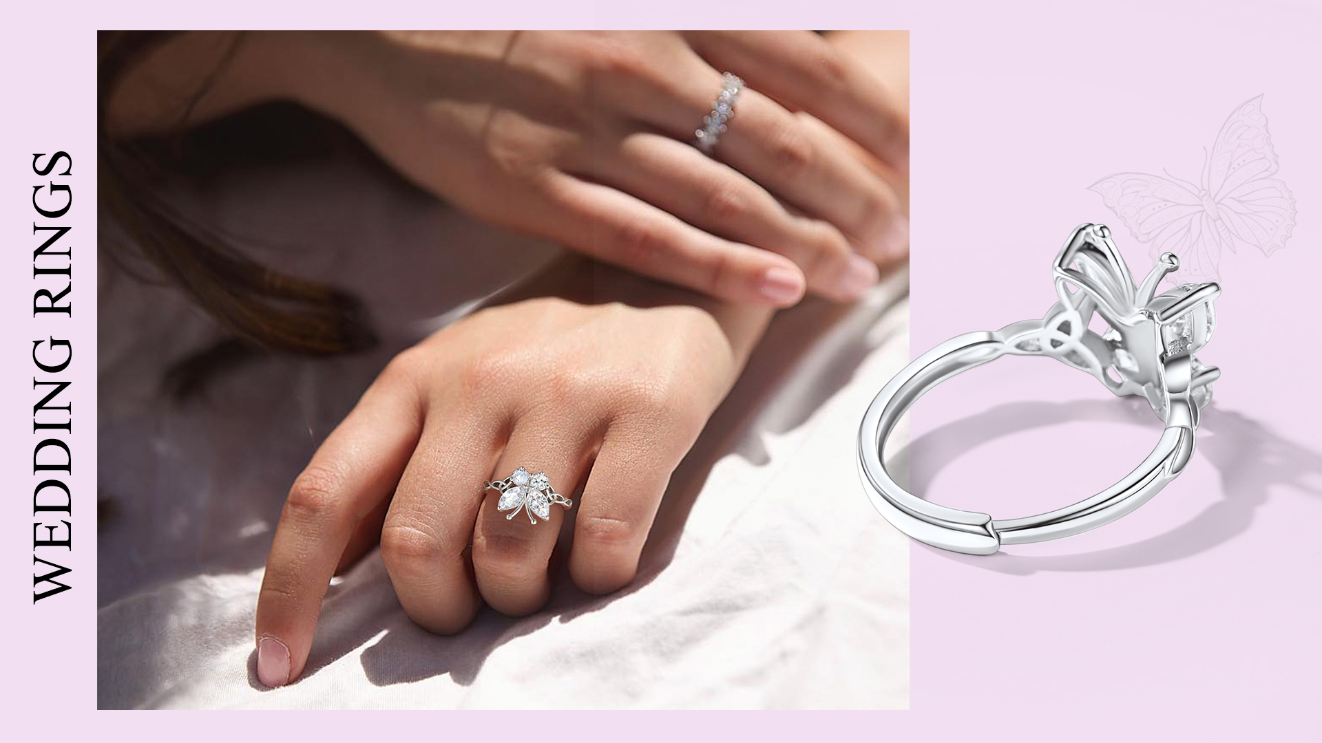 thumbnail video image 2 of Bestyle Cute Butterfly Ring S925 Sterling Silver Adjustable Open Ring January Garnet Birthstone Rings Birthday Gifts Size #6-12, 2 of 8