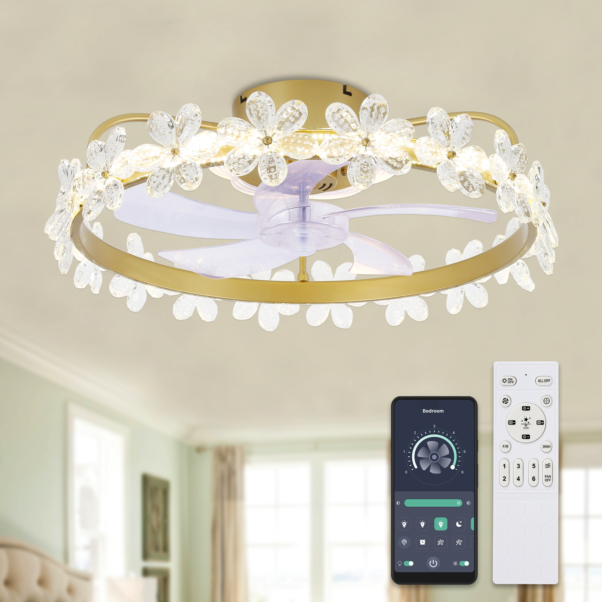 thumbnail video image 2 of Bella Depot 20Inch Gold Flush Mount Crystal Ceiling Fan with LED Dimmable Light, 6-Speeds, Smart App Control and Remote for Children, 2 of 12