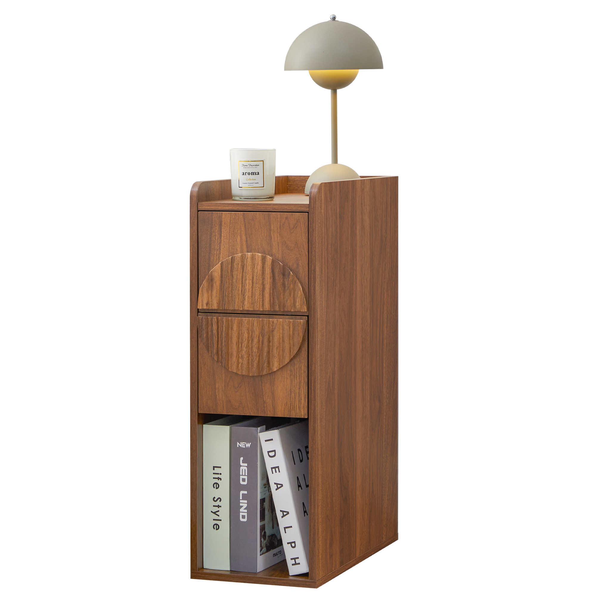 thumbnail video image 2 of MIYZEAL Set of 2 Walnut Nightstands with 2 Drawers & Open Storage Shelf, Modern Slim Bedside Tables with Arched Decor for Bedroom, Living Room and Small Spaces, 2 of 12