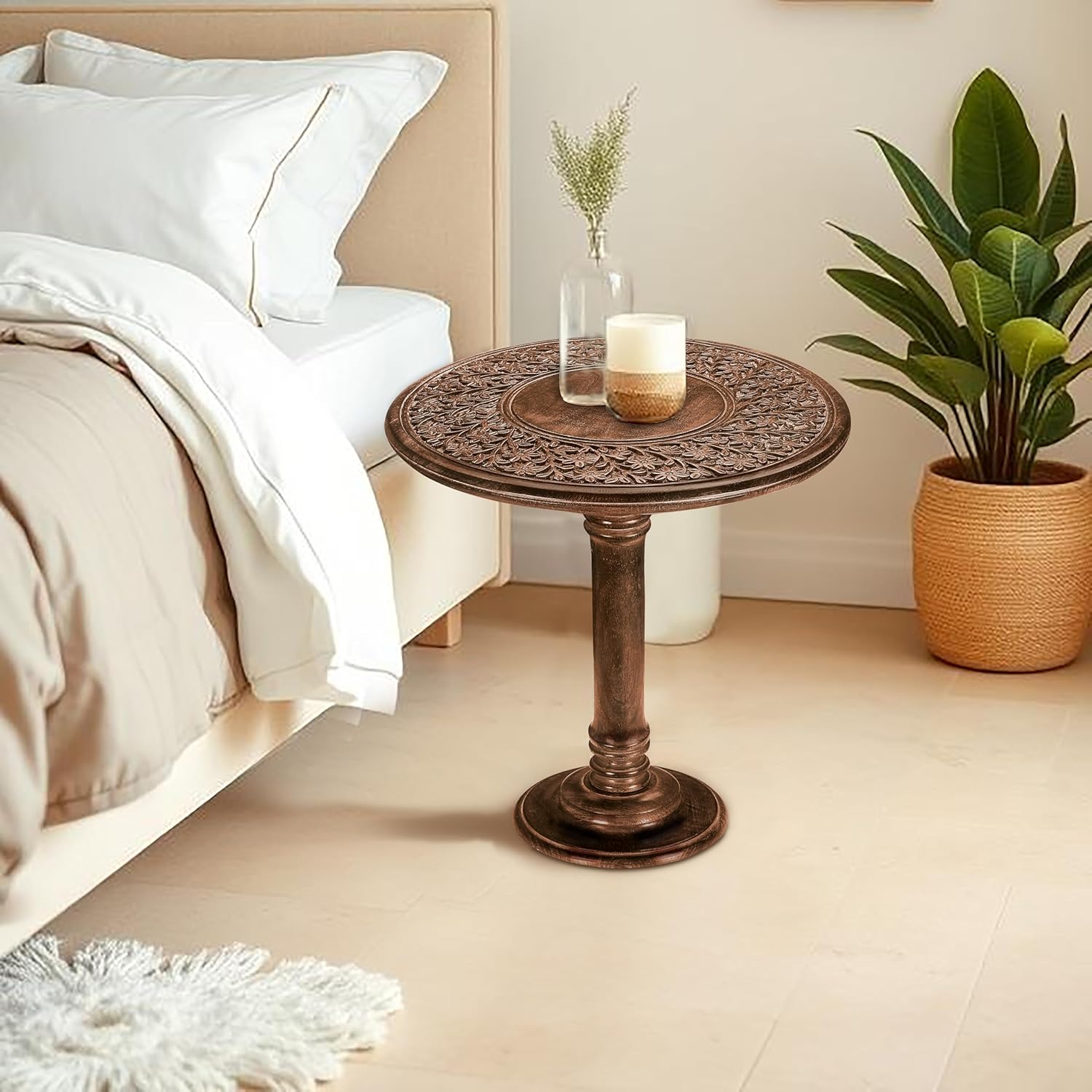 thumbnail video image 2 of Wooden End Table for Living Room - 18x22 Burnt Finish Carved Side Table, Single Pillar Nightstand, Bedside Table for Books, Plants, Magazines, Small Space Accent Table, 2 of 6