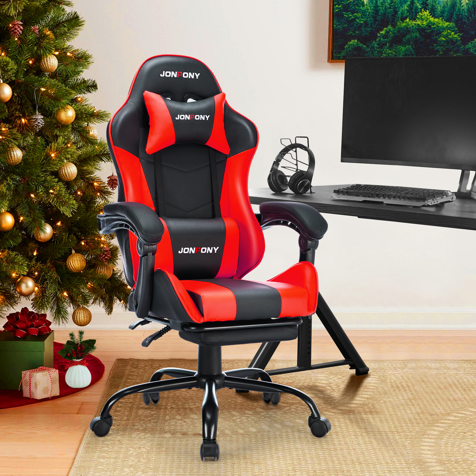 thumbnail video image 2 of JONPONY Big and Tall 400LBS Gaming Chair, Ergonomic Design, Gamer Chair PU Leather with Footrest and Lumbar Support, High Back Office Chair Support 8 Hours Long Sitting, Computer Chair,Red, 2 of 12