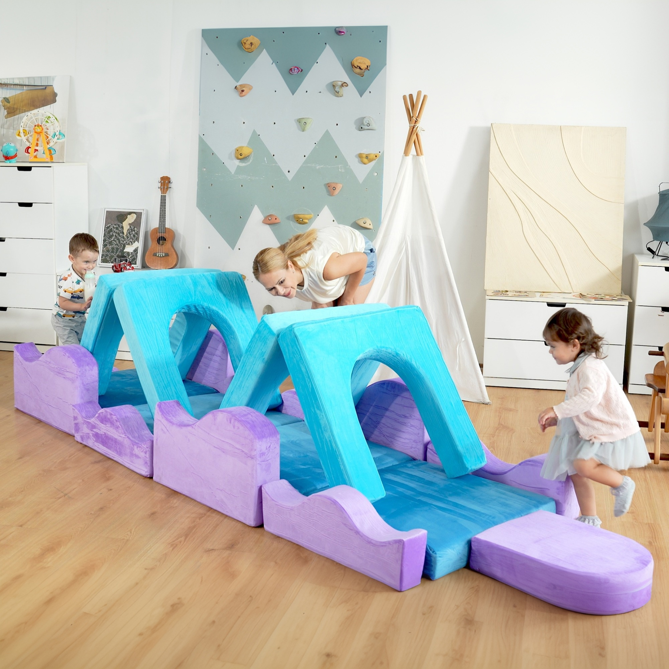 thumbnail video image 2 of Modular Kids Play Couch Set for Toddlers Playroom, 12PCS Large Foldable Soft Kids Sofa, 3 in 1 Foam Convertible Couch Fort Building Floor Bed for Girls 3-5, Washable Velvet, Purple, 2 of 9