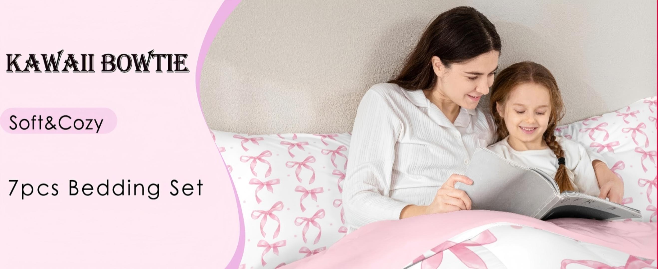 thumbnail video image 2 of Manfei Princess Ribbon Bow Tie Twin Bedding Sets 7-Piece,Girls Bowknot Bedding Comforter Set,Pink White Sheet Sets,Lightweight Room Decorative,Reversible, 2 of 8