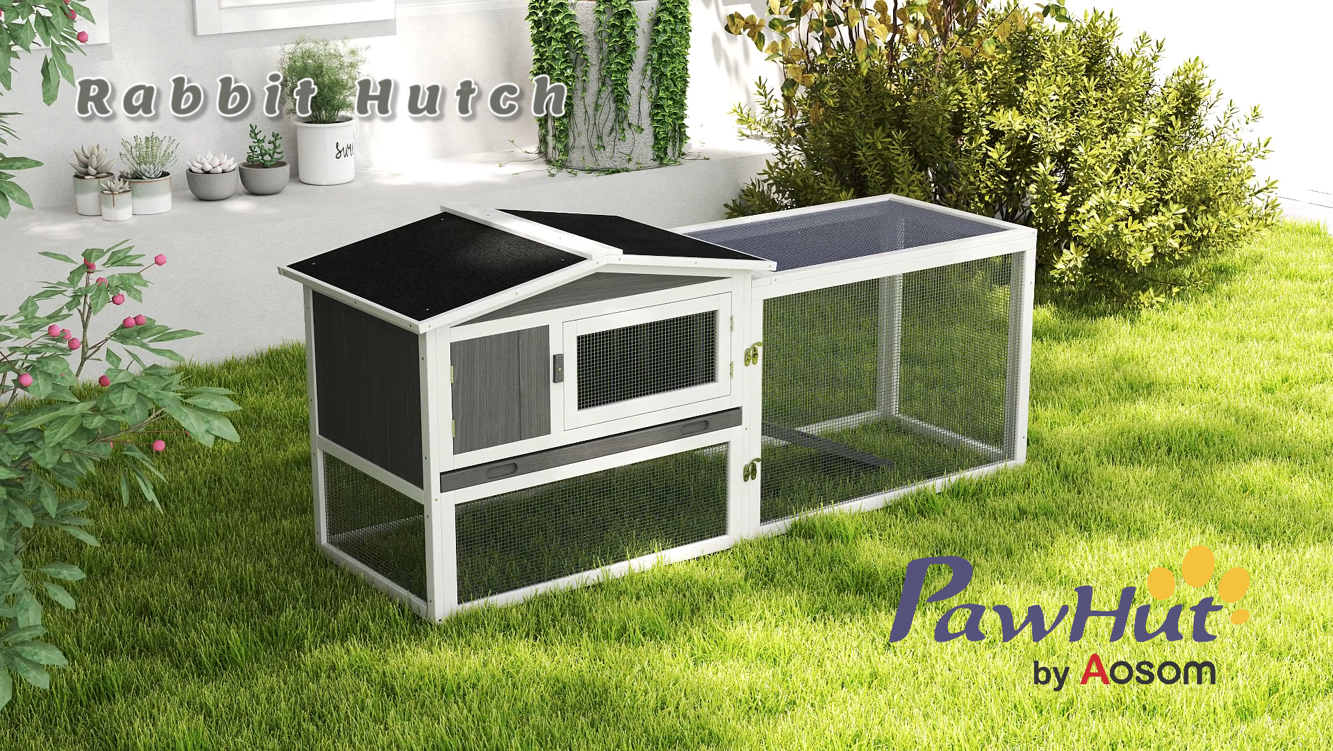 thumbnail video image 2 of PawHut Rabbit Hutch 2-Story Bunny Cage Small Animal House with Tray, Run, 2 of 10