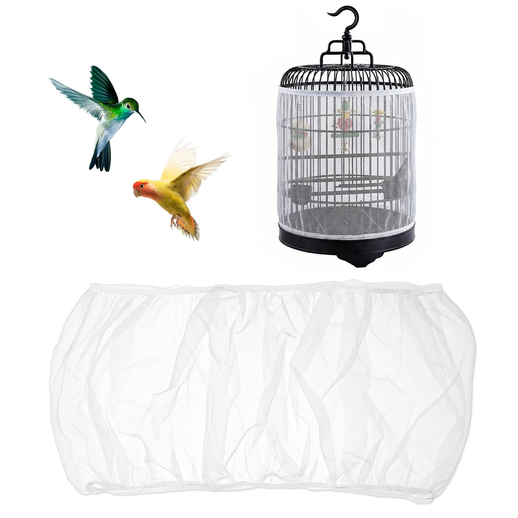 thumbnail video image 2 of Bird Cage Cover, Seed Catcher Skirt, Mesh Bird Cage Seed Catcher Skirt, Breathable White Anti-Splash Guard Prevents Seeds and Feather Mess for Round Birdcages(L), 2 of 9