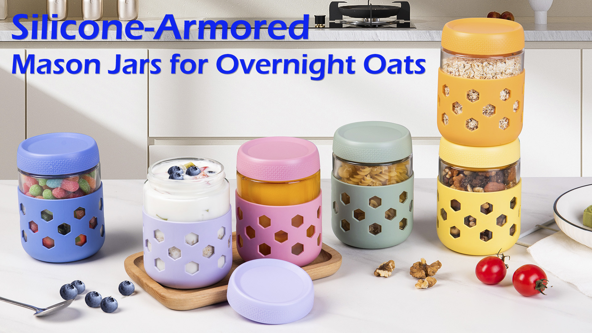 thumbnail video image 2 of Mrsdry 16 oz Glass Mason Jars with Silicone Sleeves, Airtight BPA-Free Overnight Oats Containers with Lids, Dishwasher Safe Leak-Proof Meal Prep Jars for Chia Pudding, Yogurt, Snacks, 2 of 12