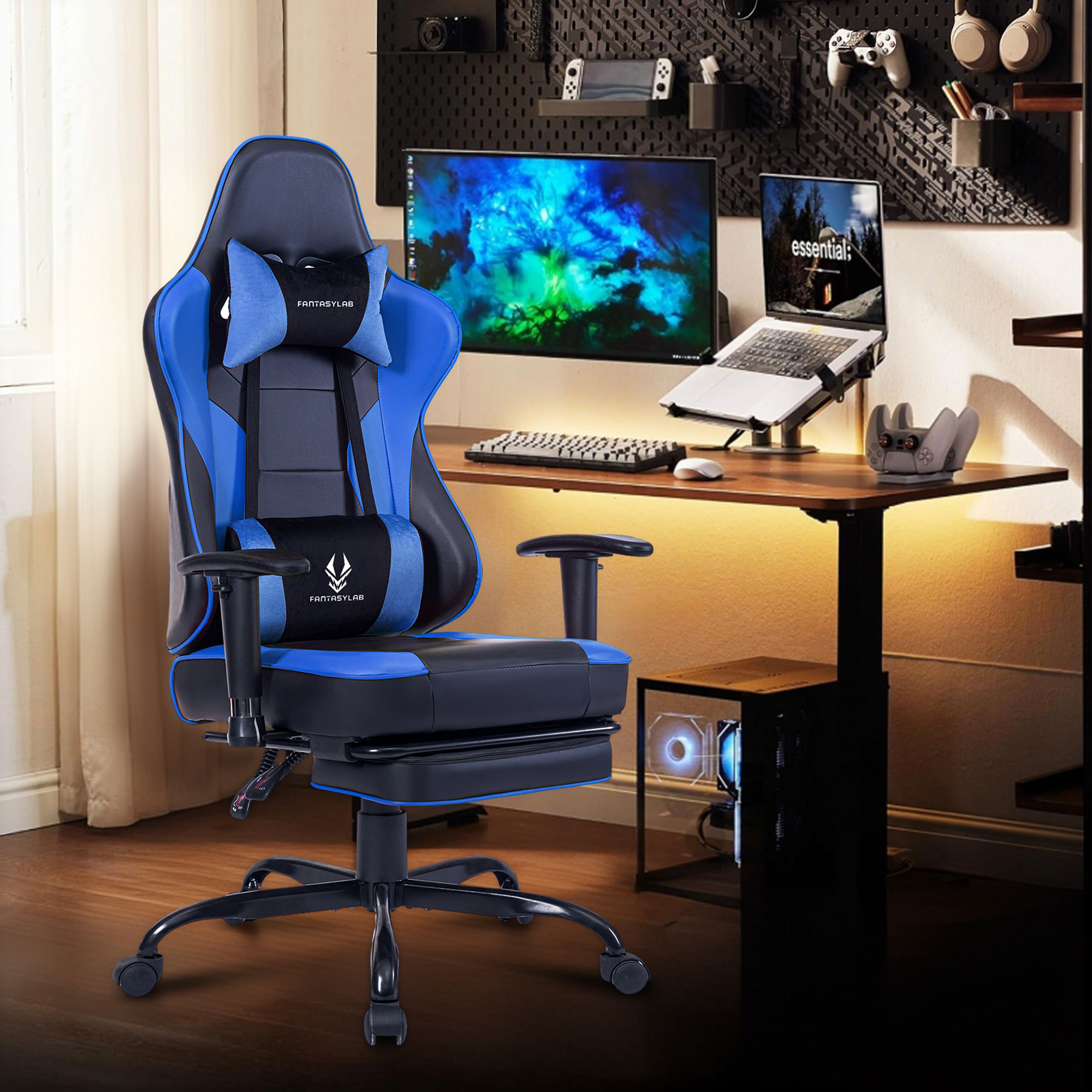 thumbnail video image 2 of JONPONY Big and Tall Gaming Chair with Footrest 400lbs Massage Gamer Chair with Memory Foam Adjustable Tilt Back Angle & Armrest, High Back Leather Computer Office Chair，Blue, 2 of 8