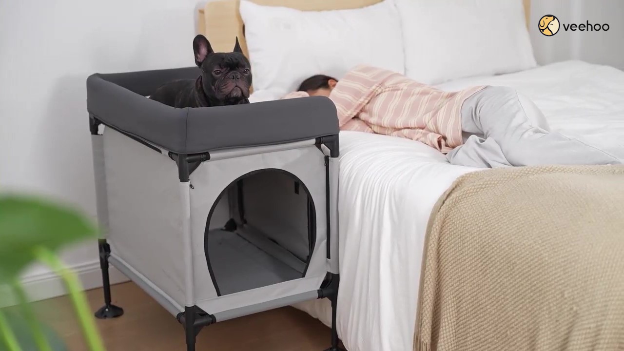 thumbnail video image 2 of Veehoo Dog Bunk Bed, Attachment to Human Bed, Bedside Dog Cot for Cat & Dog, Pet Window Perch, Grey, 2 of 8
