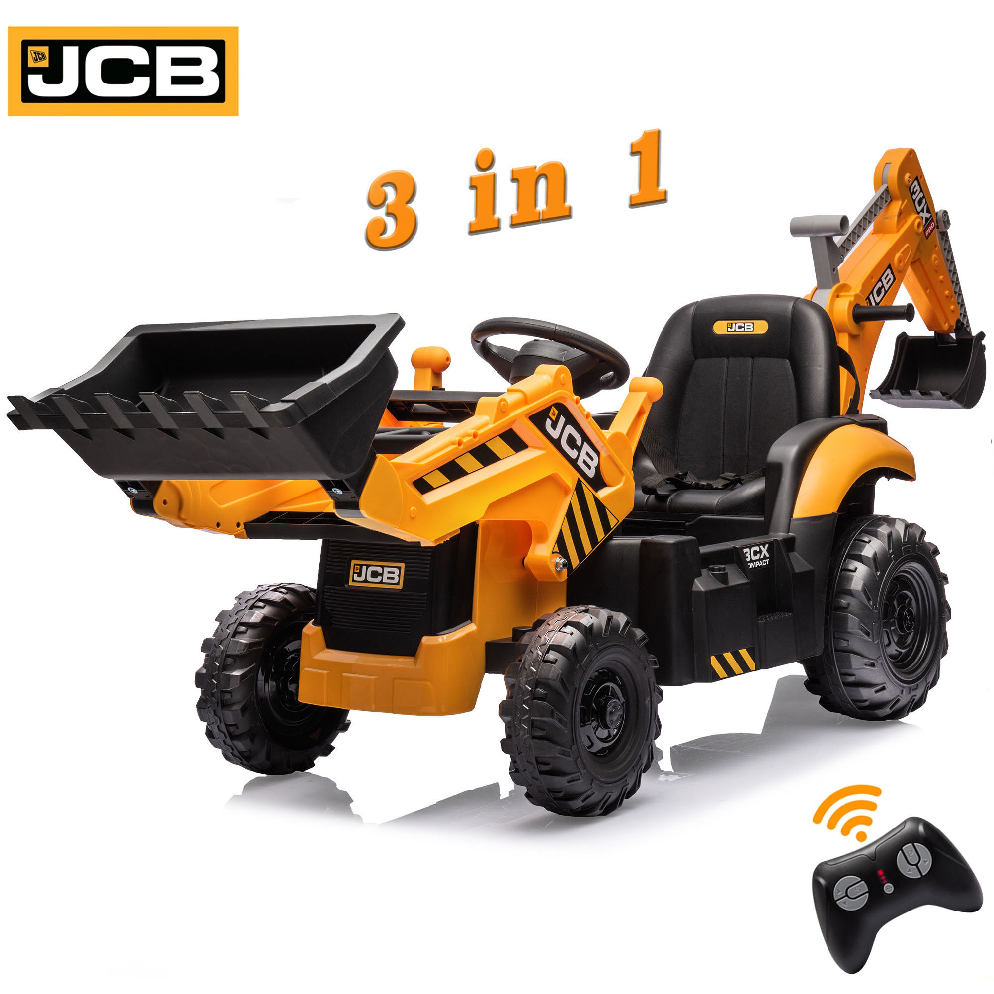 thumbnail video image 2 of JCB Excavator Ride On & Bulldozer, 24V Battery Powered Construction Vehicles for Kids with Remote Control and Front Loader, Music Player, Backhoe Loader Ride-On Large Digger, 2 of 7