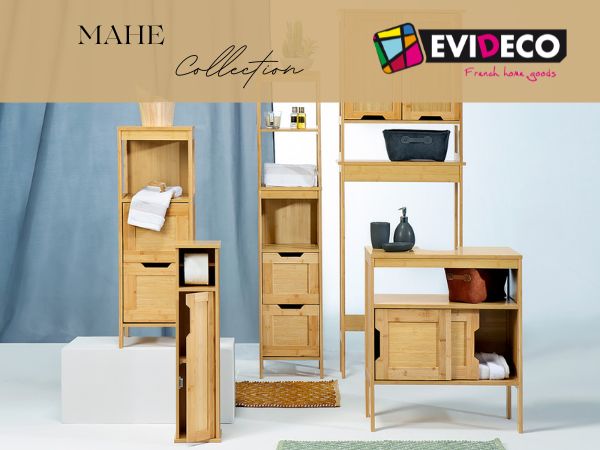 thumbnail video image 2 of Bamboo Under-Sink Cabinet with Open Shelf and Sliding Doors, Bathroom Vanity for Small Spaces, U-Shaped Cut-Out - Mahe Collection, 2 of 8