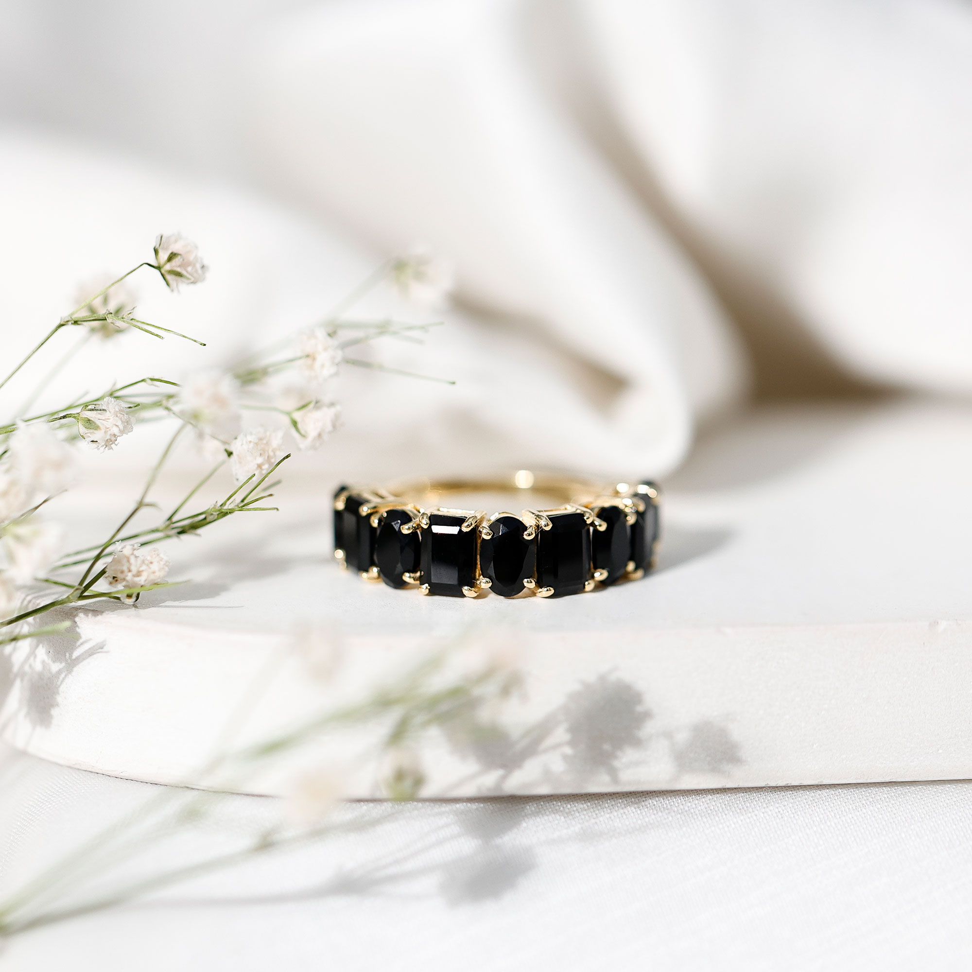thumbnail video image 2 of Rosec Jewels Black Onyx Half Eternity Ring - AAA Quality Certified - Wedding Anniversary Ring for Women - Ready to Gift, 14K White Gold, US 10.50, 2 of 8