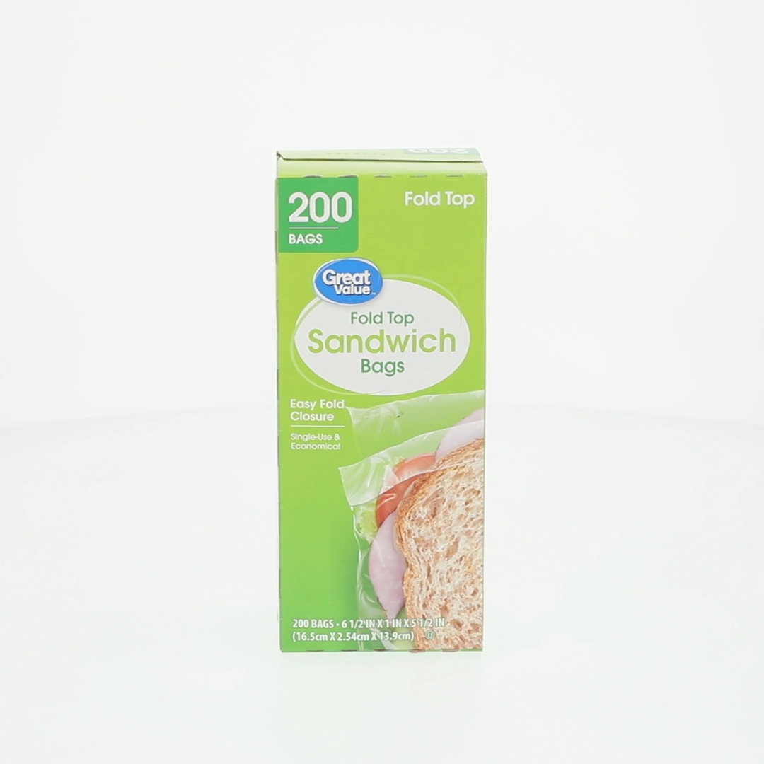 Great Value Fold Top Sandwich Bags, 200 Count, Plastic, Single Use