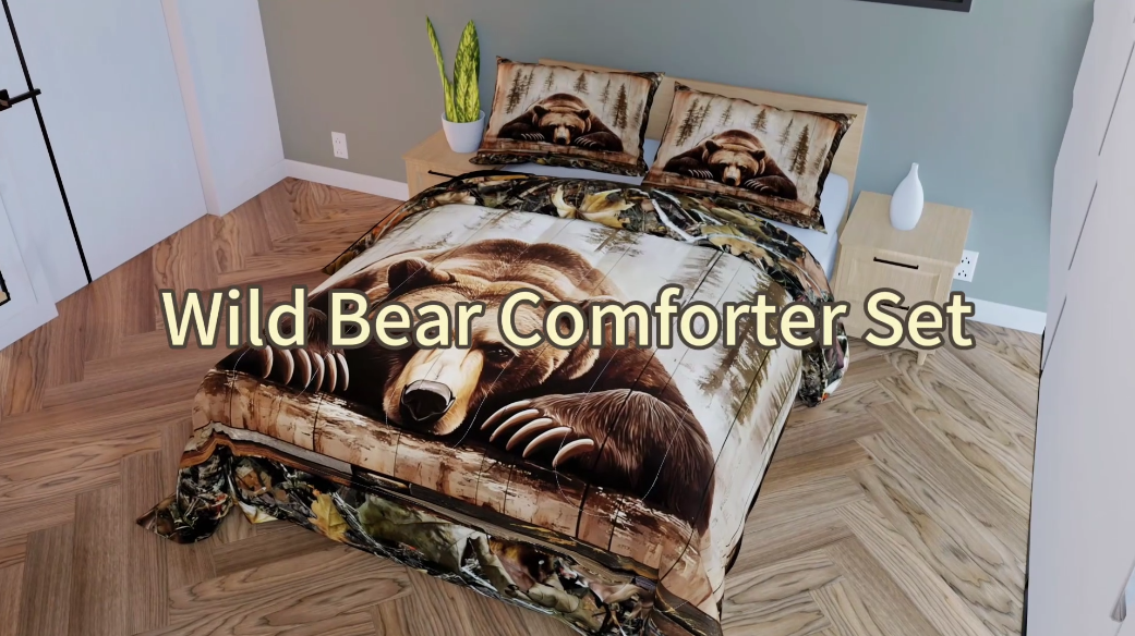 thumbnail video image 2 of meiyoeat Rustic Cabin Bear Queen Comforter Set, Vintage Farmhouse Bedding Comforter Set, Brown, Black Reversible 3-Piece, 1 Comforter and 2 Pillowcases, 2 of 7
