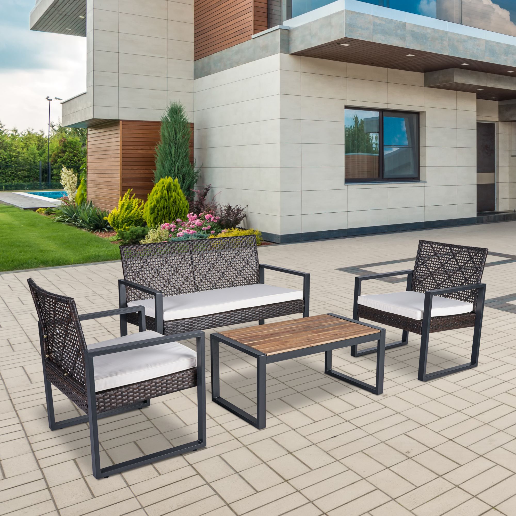 thumbnail video image 2 of Eyisean 4 Pieces Patio Furniture Set, Patio Conversation Sets with Acacia Wood Table Top, Wicker Outdoor Furniture Set with Cushions & Coffee Table, for Backyard, Porch, Balcony, 2 of 23