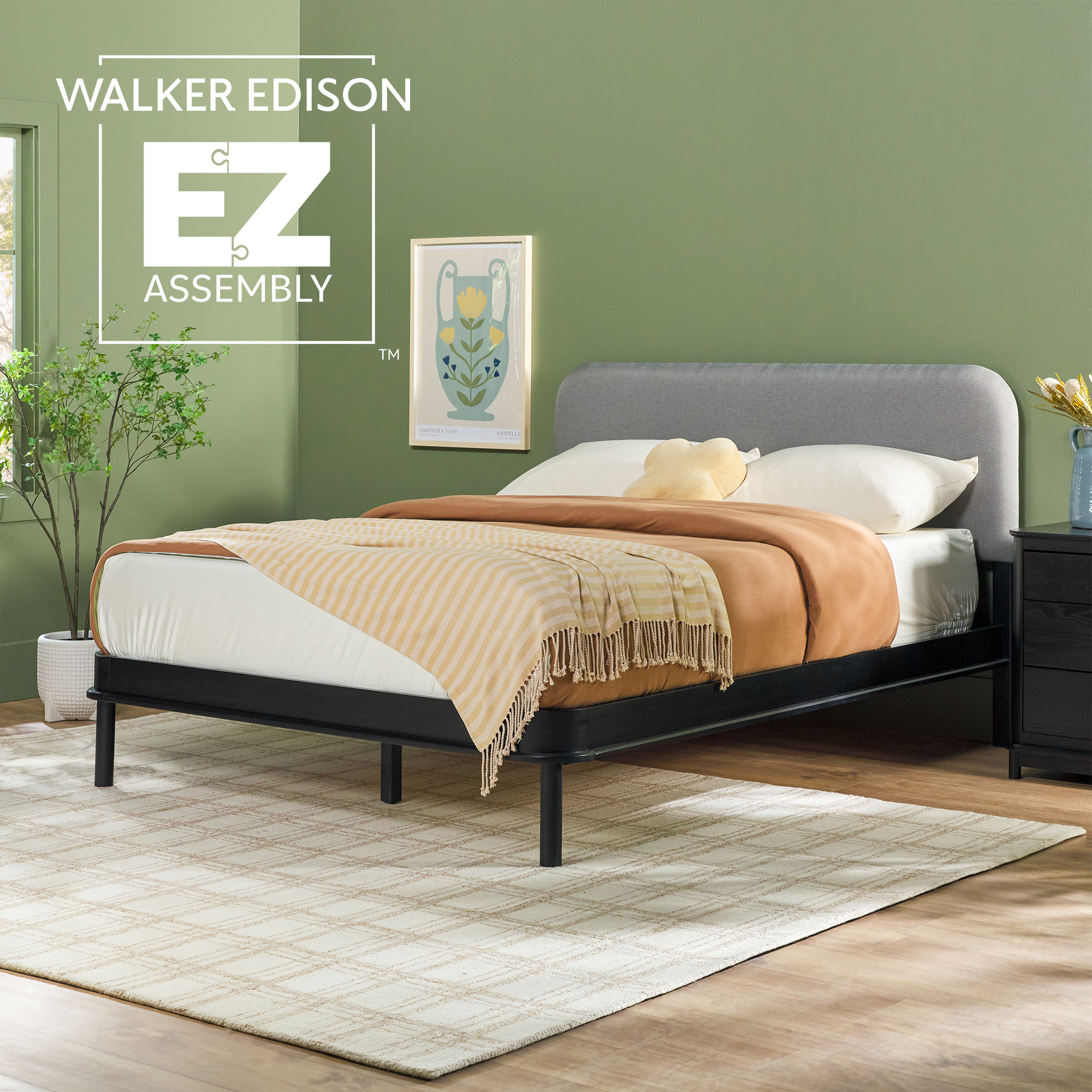 thumbnail video image 2 of Walker Edison Contemporary Wood Queen Bed with Curved Upholstered Headboard - Black/Grey, 2 of 15