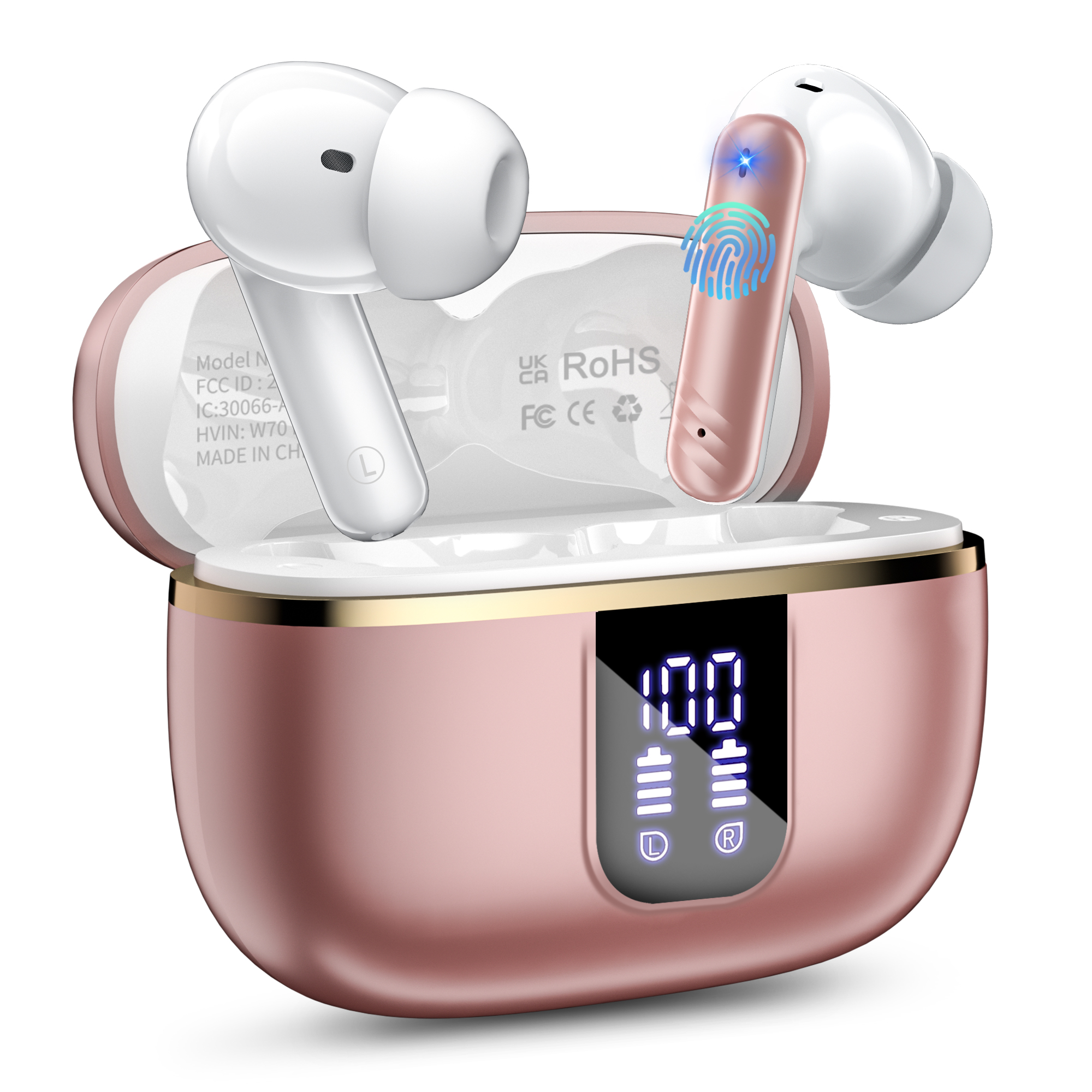 thumbnail video image 2 of Wireless Noise Cancelling Earbuds Bluetooth 5.4 Headphones with Mic Deep Bass Stereo, 38H Playtime, LED Display, IPX7 Waterproof Sports Workout in Ear Buds for iPhone Android, Rose Gold, 2 of 7