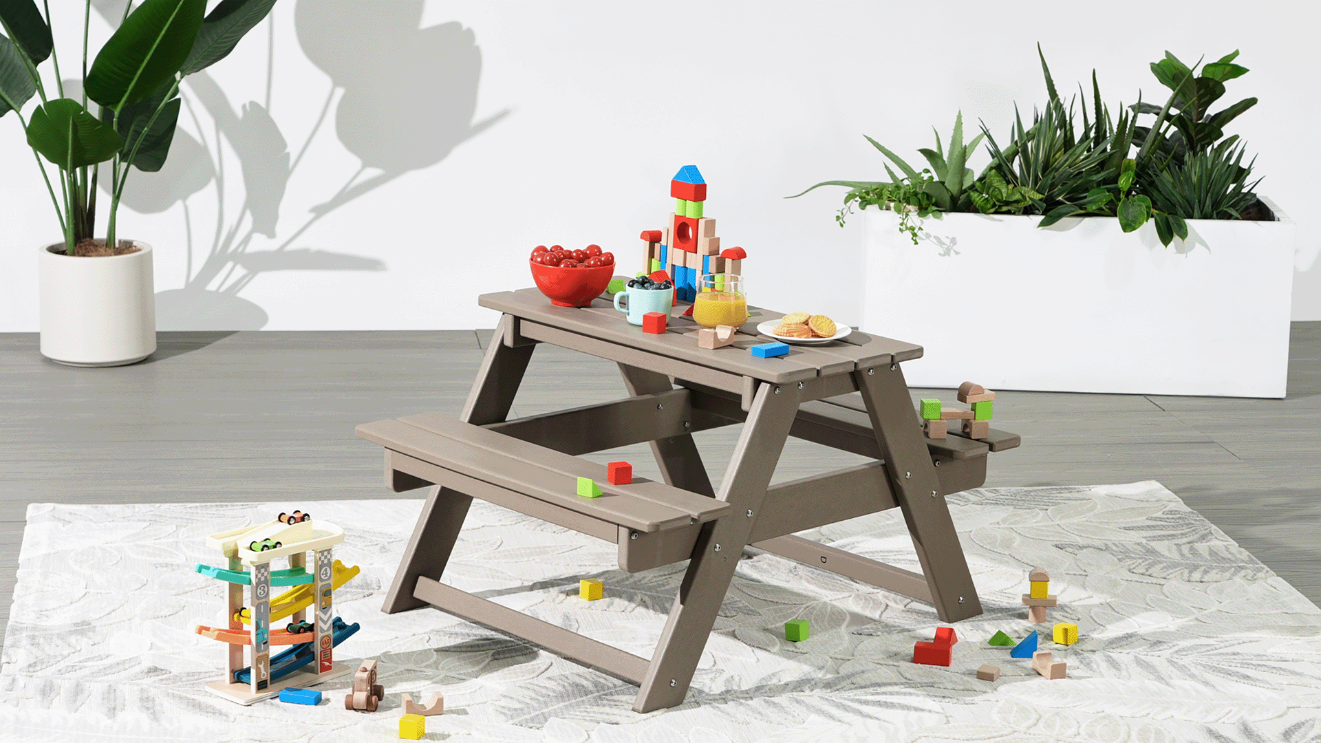 thumbnail video image 2 of WestinTrends Malibu Outdoor Patio Kids HDPE Plastic Picnic Bench Table, Sand, 2 of 5