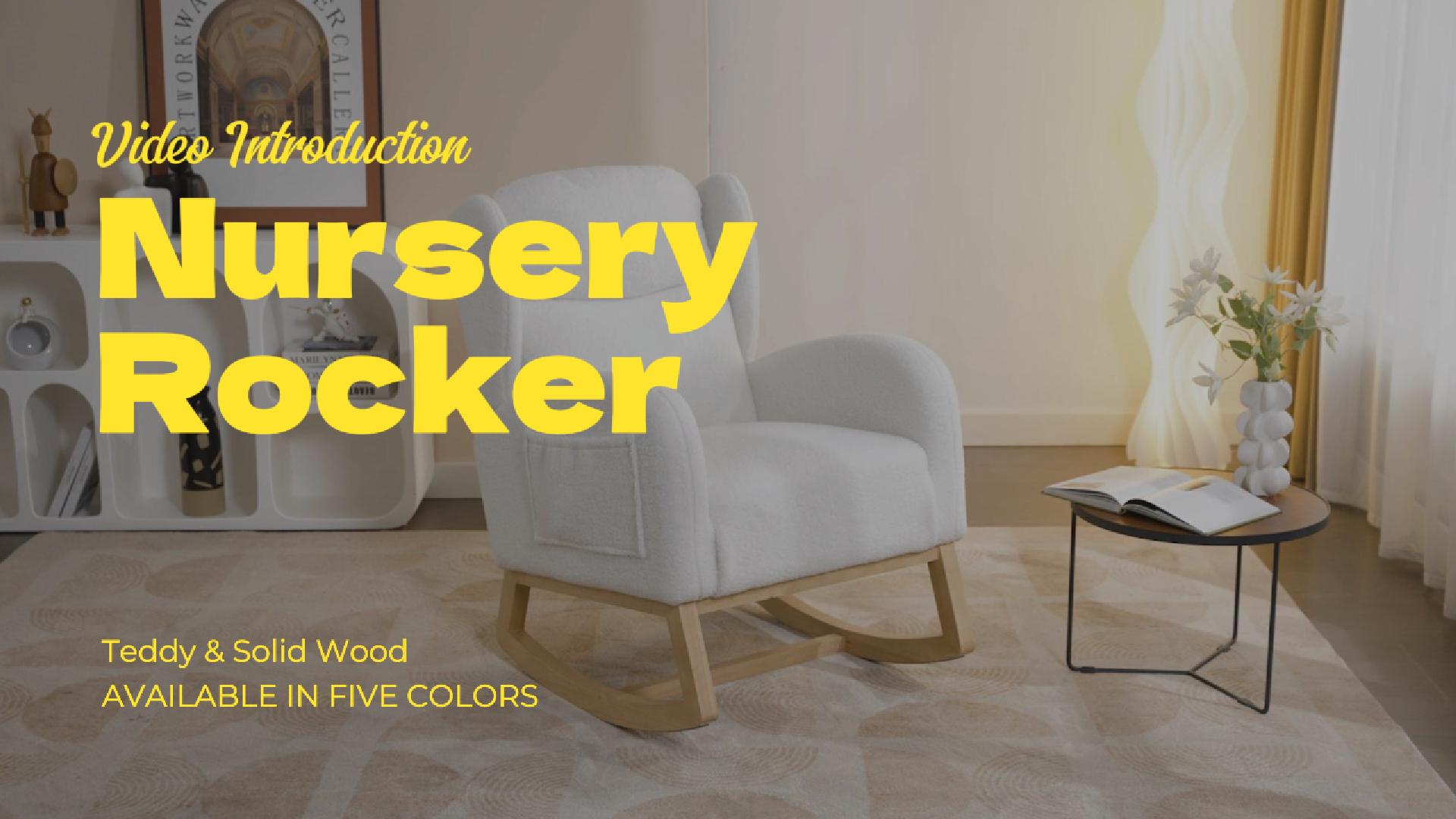 thumbnail video image 2 of Muumblus Nursery Rocking Chair, Wingback Glider Rocker, Indoor Uphlostered Rocking Chair, Black Teddy, 2 of 8