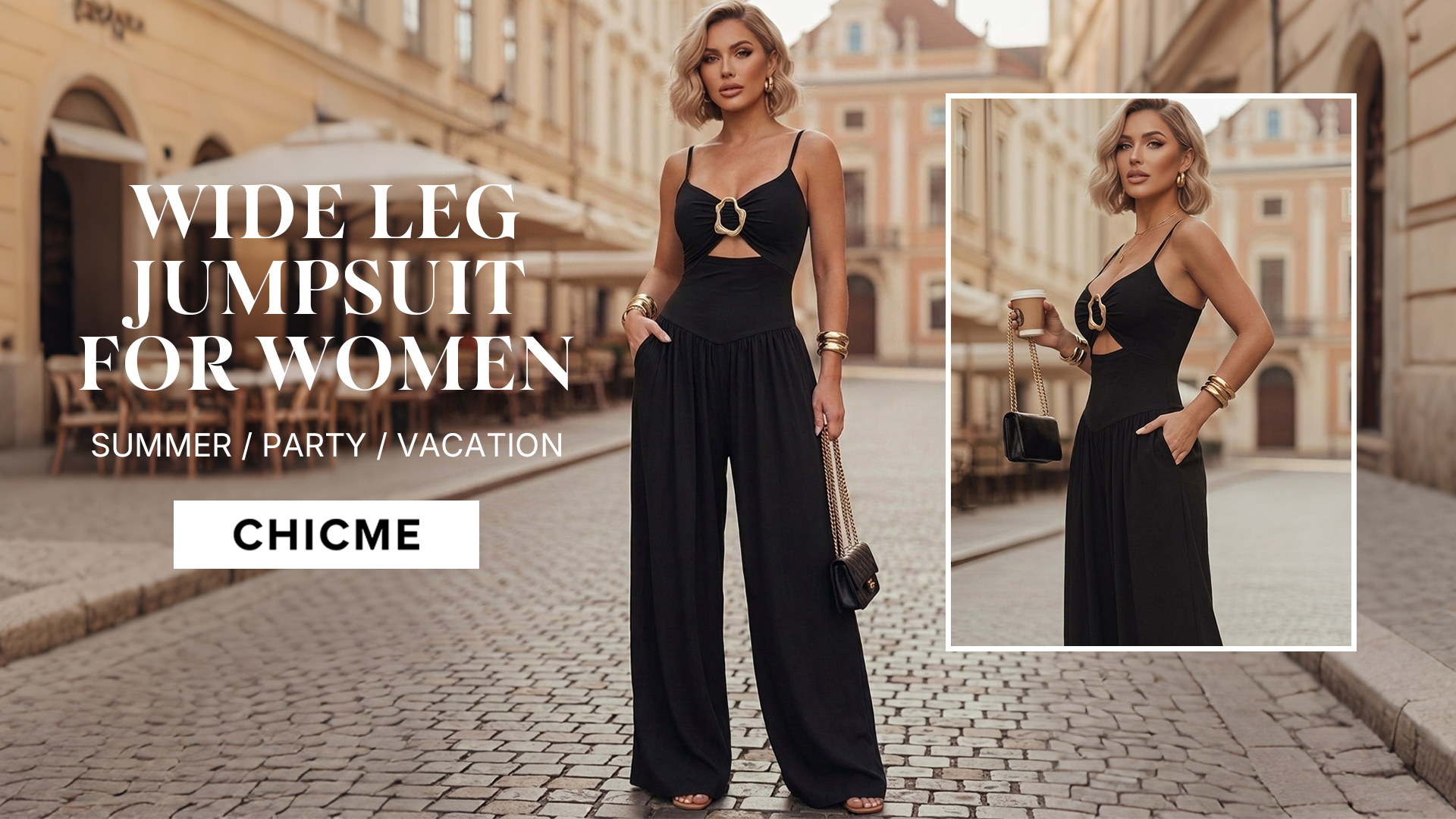 thumbnail video image 2 of ChicMe Jumpsuits For Women Gold Ring Spaghetti Strap Cut-Out Waist Backless Wide Leg Jumpsuit Elegant Party Womens Rompers Black-L, 2 of 7
