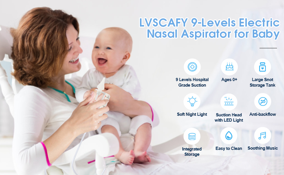 thumbnail video image 2 of LVSCAFY Electric Nasal Aspirator for Baby – 9-Level Nose Sucker with Night Light & Music, 2 of 9