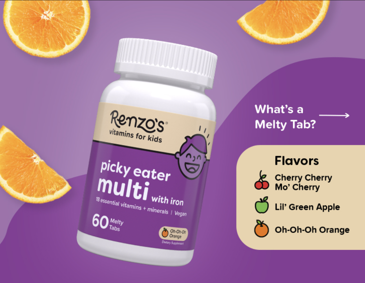 thumbnail video image 2 of Renzo’s Picky Eater Multivitamin for Kids, Sugar-Free, Vegan Melty Tabs, Immune Support, Cherry Flavor, 60 Count, 2 of 10