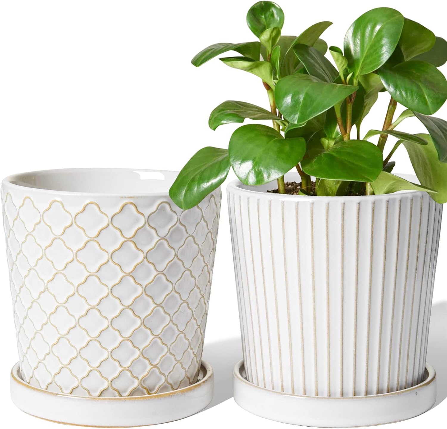 thumbnail video image 2 of BEMAY 5.5" Ceramic Plant Pots with Drainage Hole and Tray, Set of 2 Flower Pots for Home Decor, Reactive Glaze White Planter Pots, 2 of 7