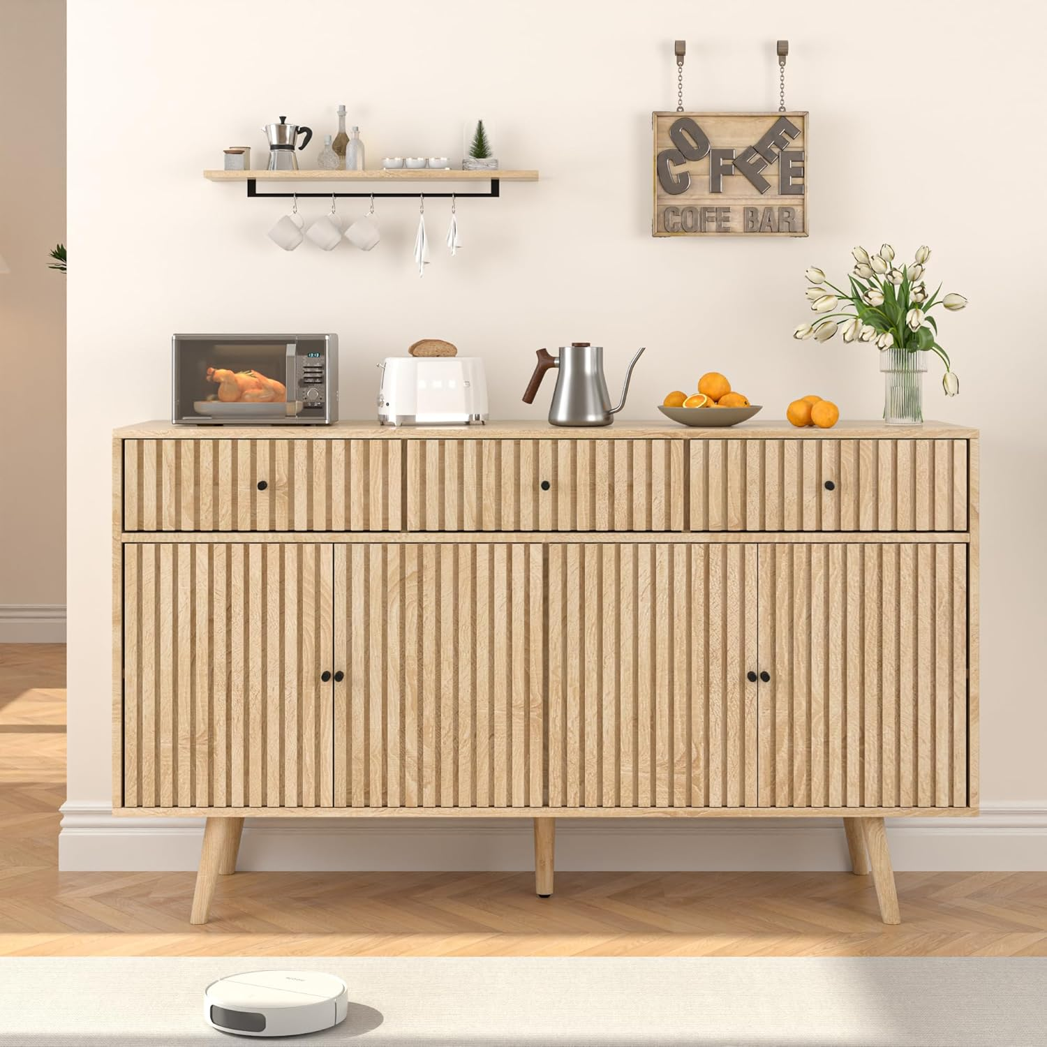 thumbnail video image 2 of Modern Farmhouse Buffet Cabinet, 4-Doors 3-Drawers Wood Coffee Bar Cabinet with Adjustable Shelves, Natural, 2 of 9