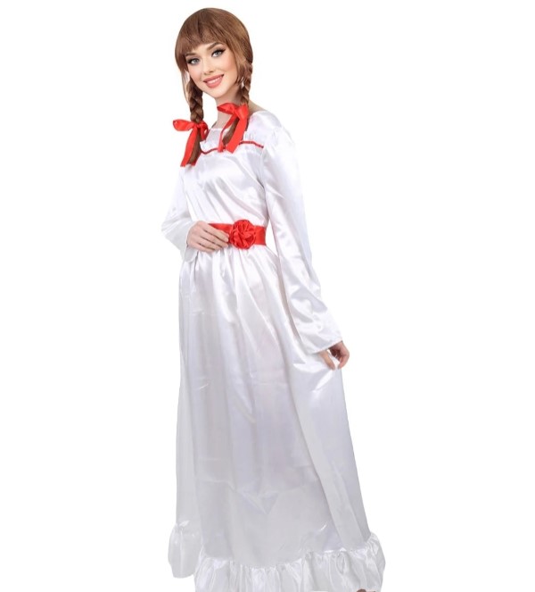 thumbnail video image 2 of Evil Creepy Doll Costume Long Maxi Dress for Women – Satin Horror Fancy Dress Family Halloween Cosplay, 2 of 10