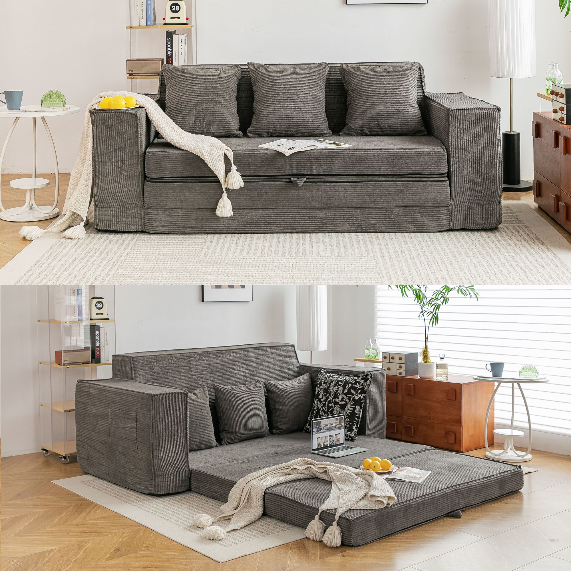 thumbnail video image 2 of Vicluke Memory Foam Loveseat Sofa Couch, Convertible Sleeper Sofa Bed w/Corduroy Fabric, Side Pockets, Foldable Upholstered Compressed Sofa Bed for Living Room, Apartment No Assembly Required (Grey), 2 of 9